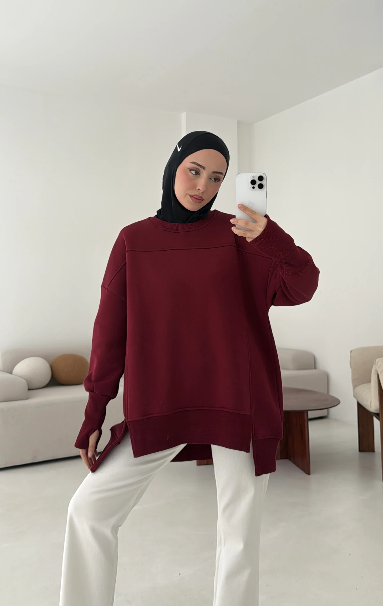 Parmak Geçmeli Asimetri Kesim Sweat Bordo