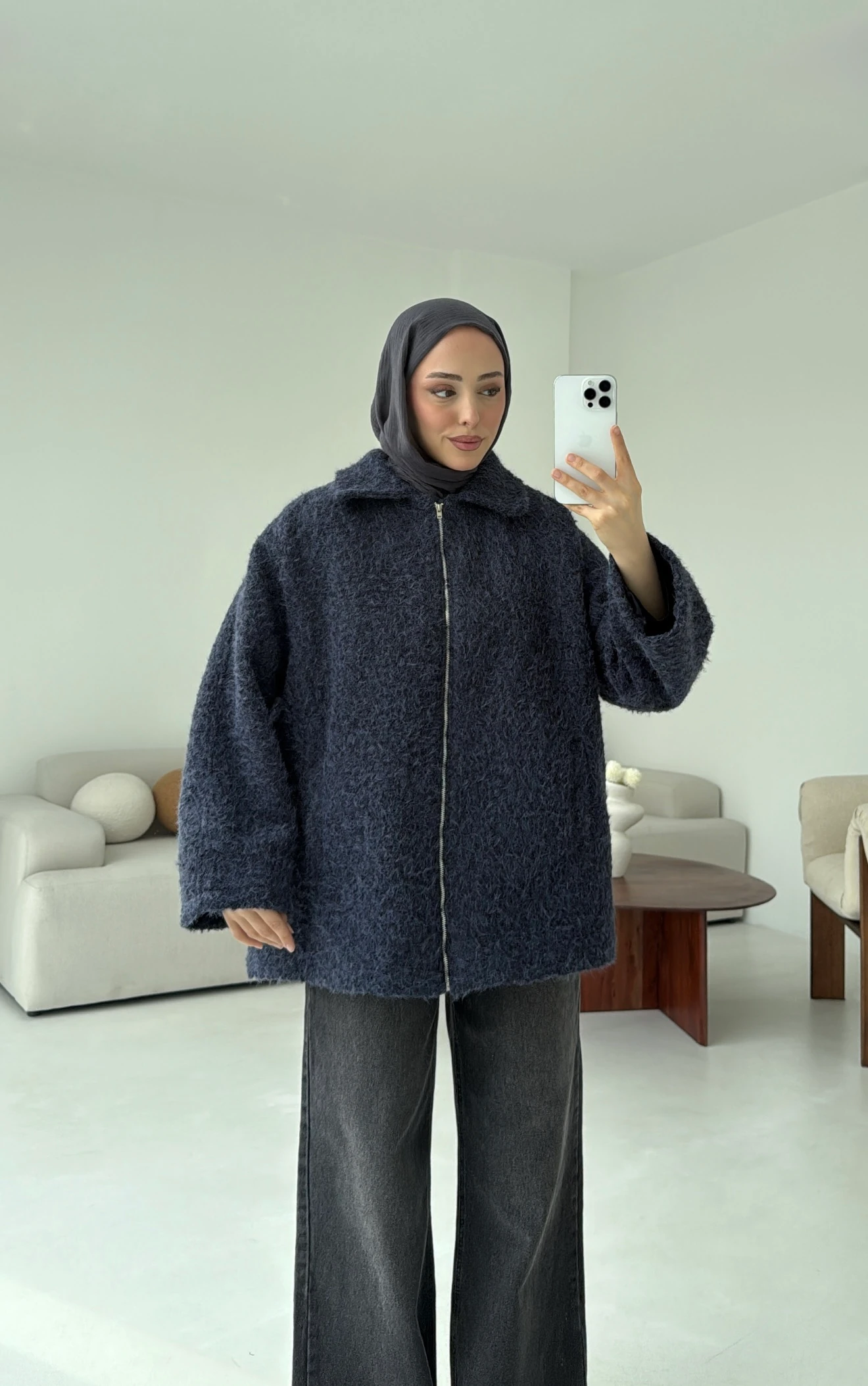 Kırçıllı Fermuarlı Kaban Lacivert