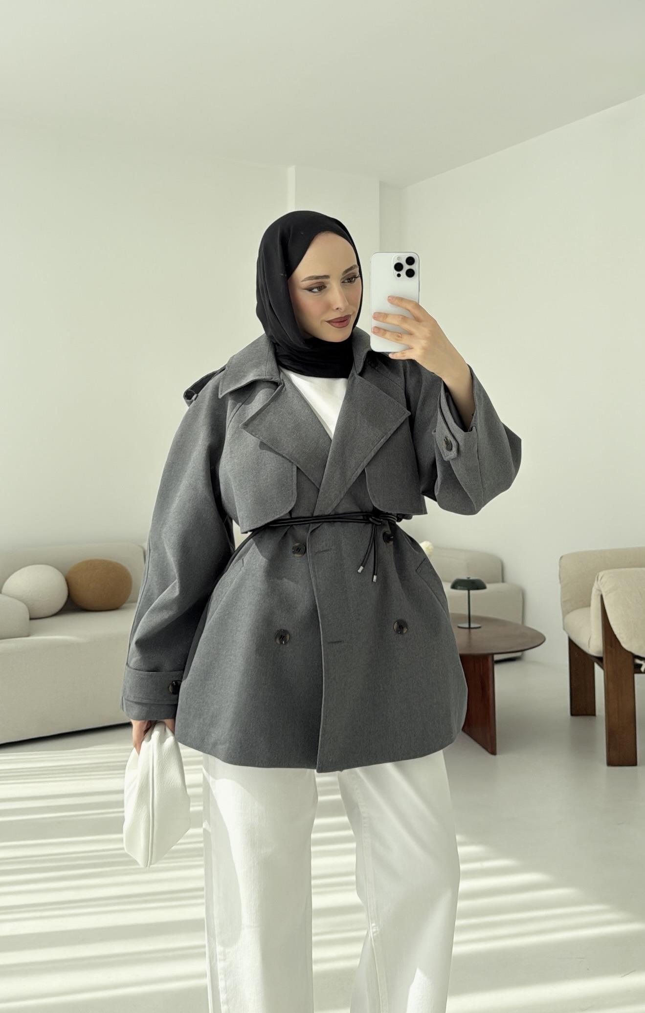 Deri Kemerli Trençkot Gri