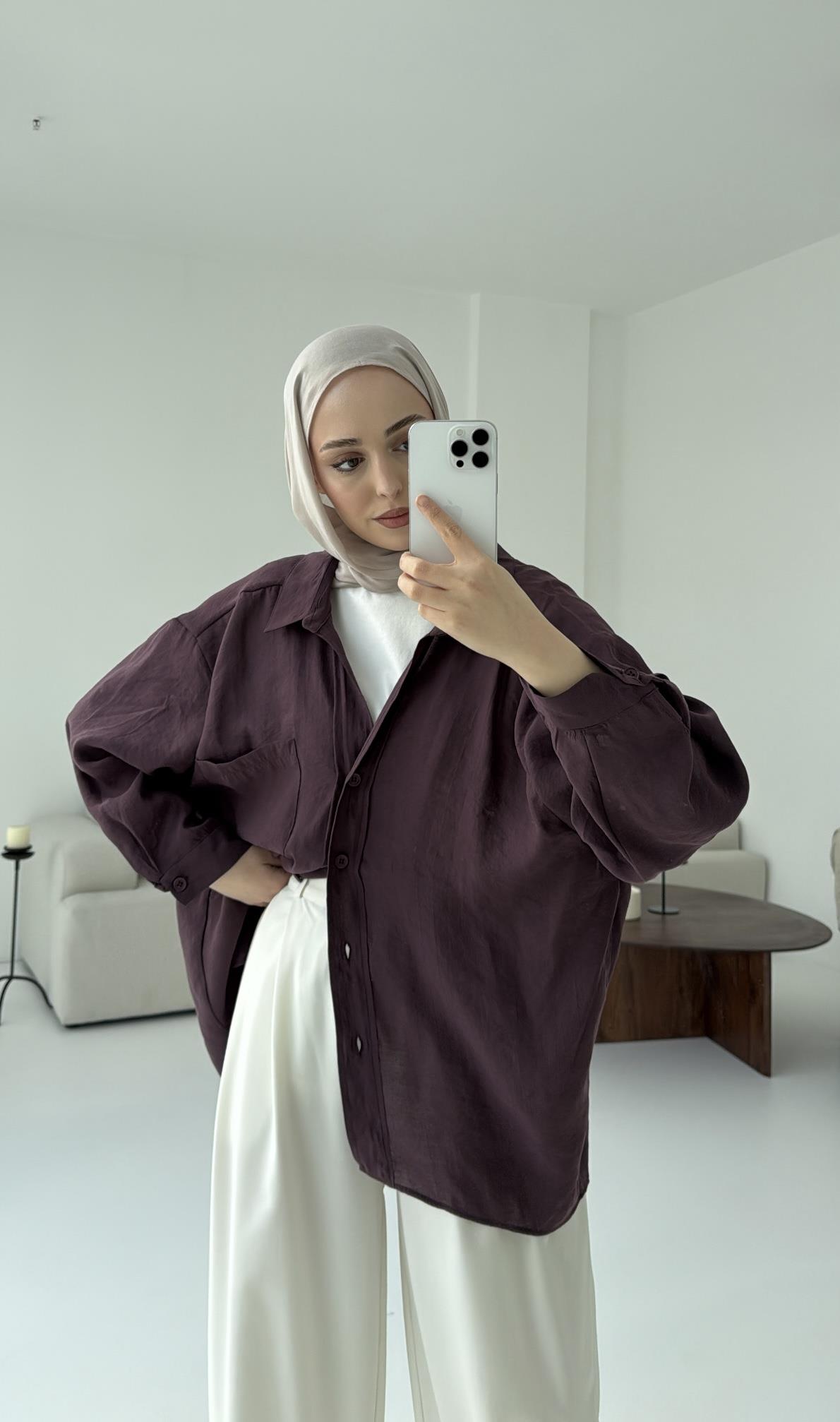 Düşük Omuz Oversize Gömlek Mürdüm