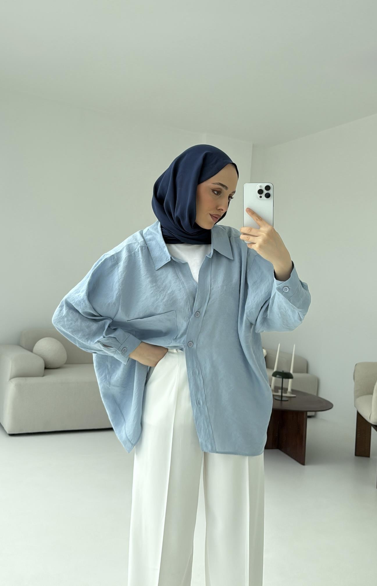 Düşük Omuz Oversize Gömlek Mavi