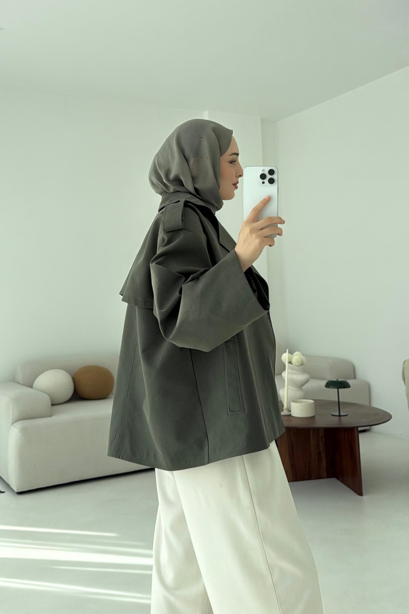 Vatkalı Kısa Trençkot Haki