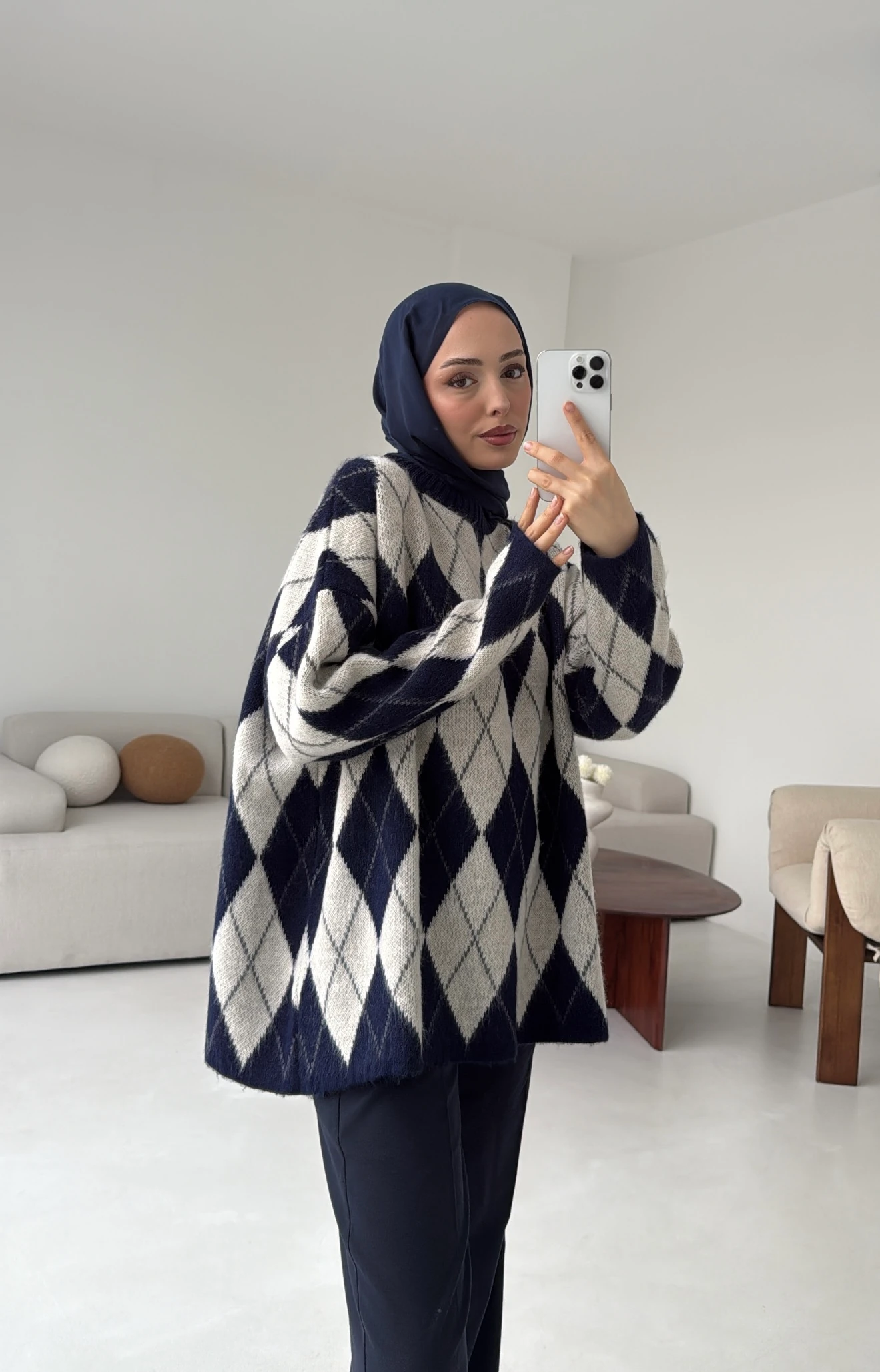 Premium Desenli Kalın Kazak Krem/Lacivert