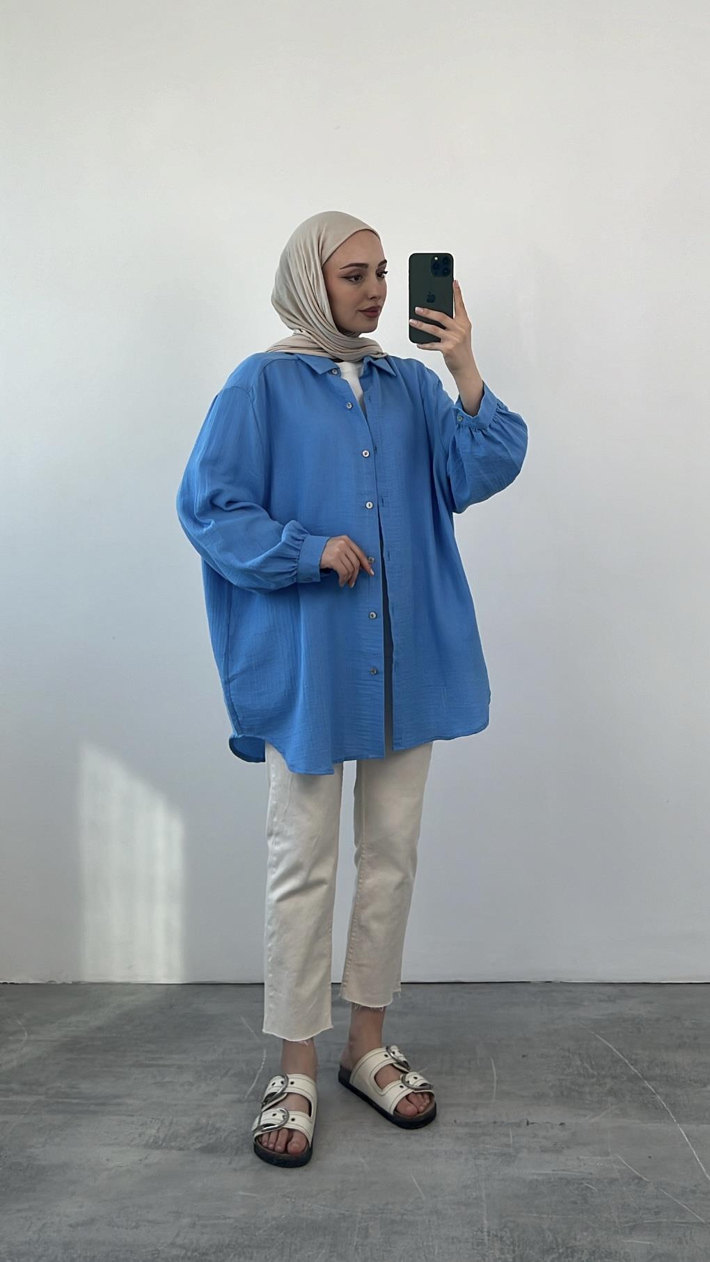 Oversize Müslin Gömlek Mavi