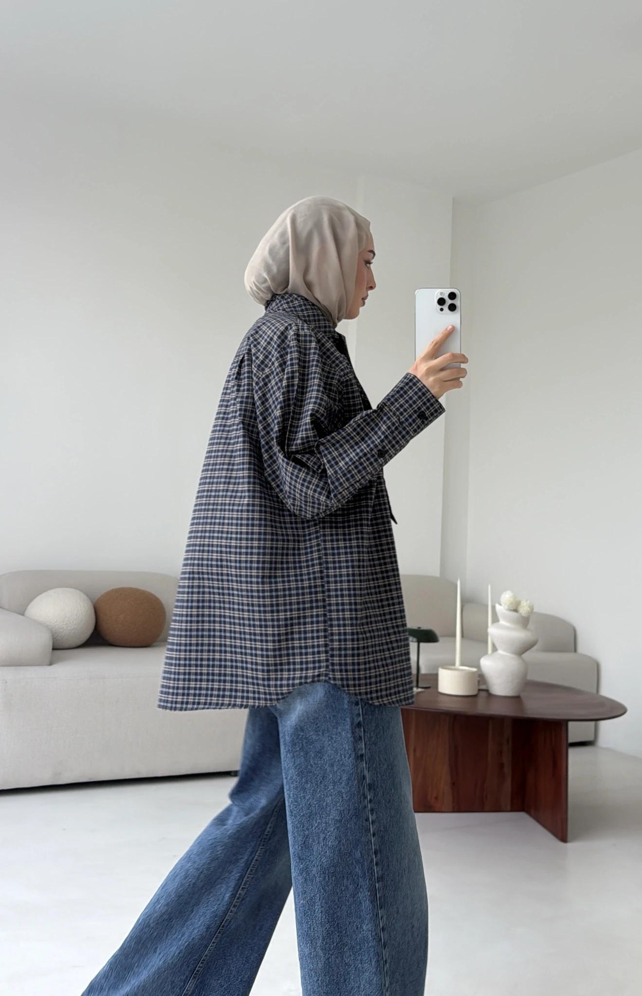 Fular Detay Ekose Gömlek Lacivert 