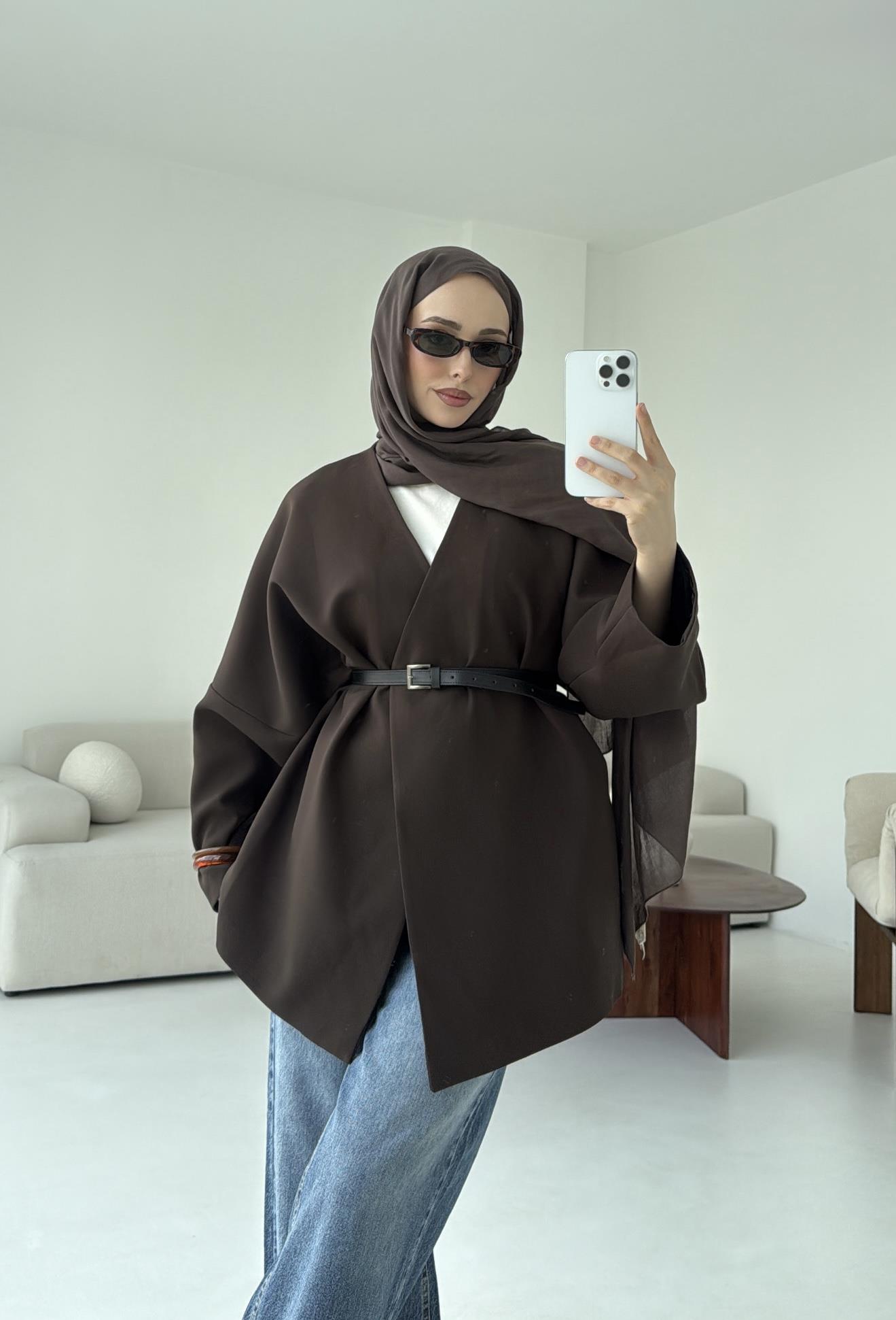 Deri Kemer Detay Oversize Ceket Kahve