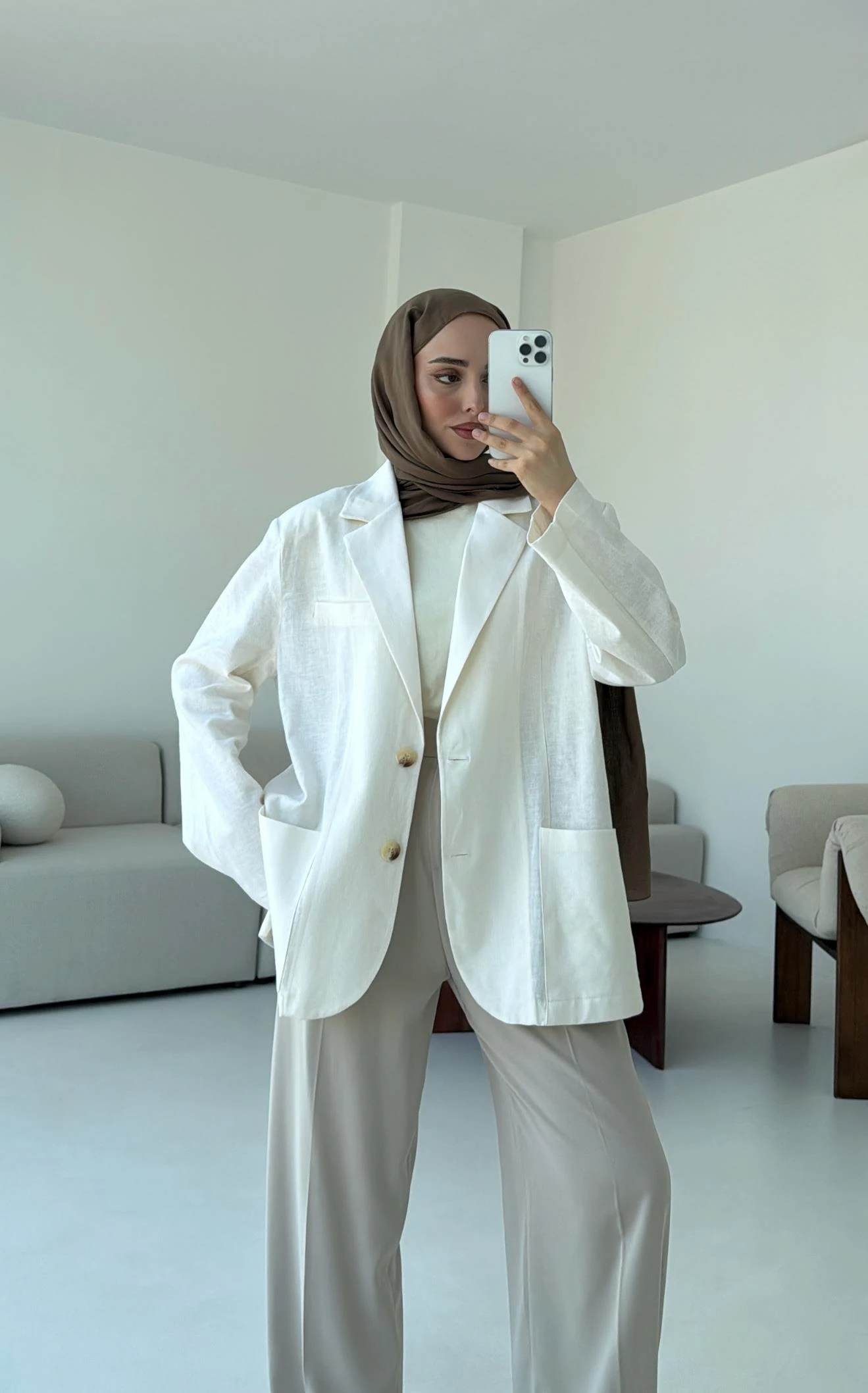 Keten Cepli Ceket Beyaz