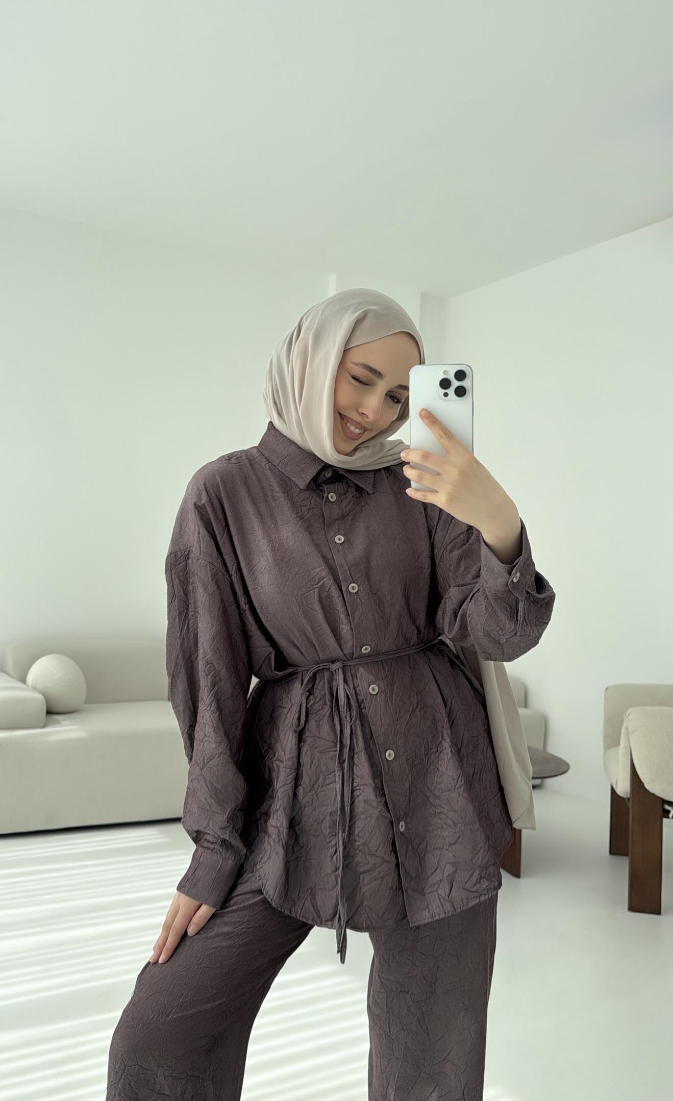 Kırışık Kumaş Takım Gül kurusu