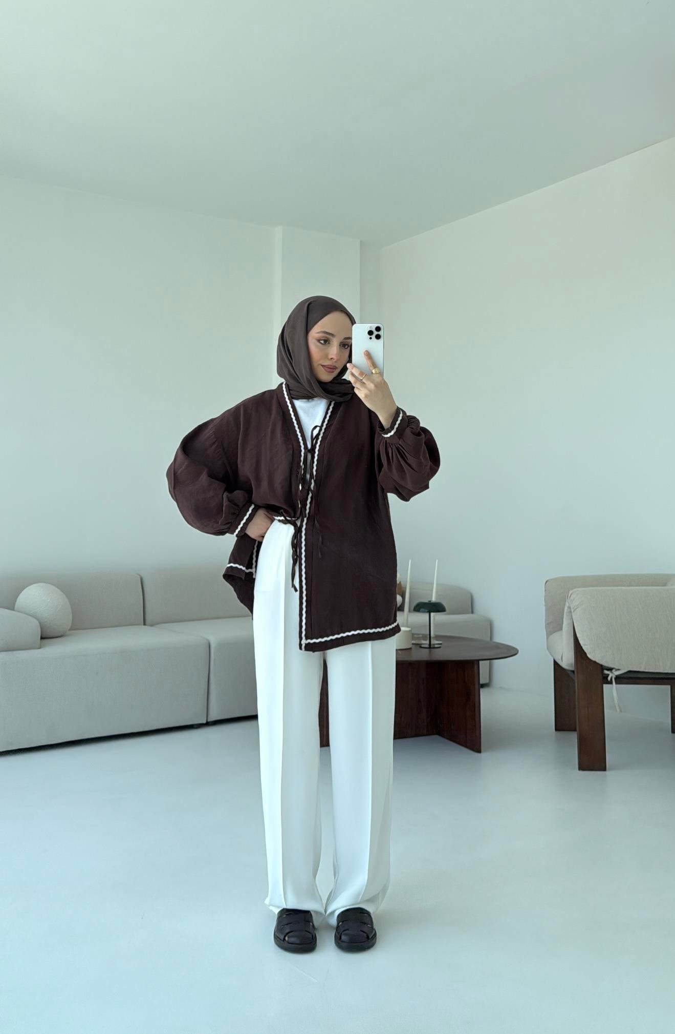 Bağlamalı Dantel Detay Kimono Kahve