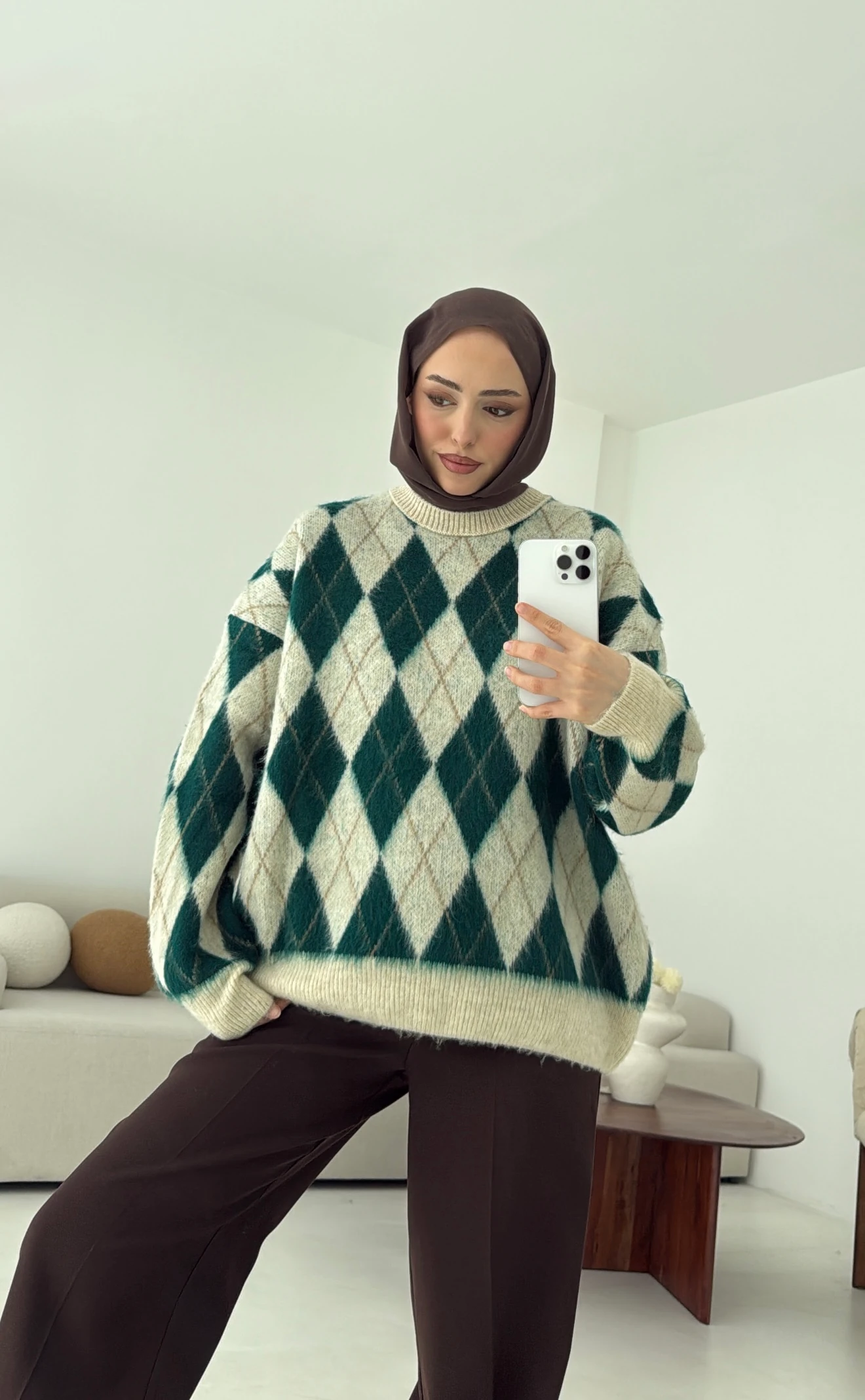 Baklava Desen Şardonlu Kazak Yeşil