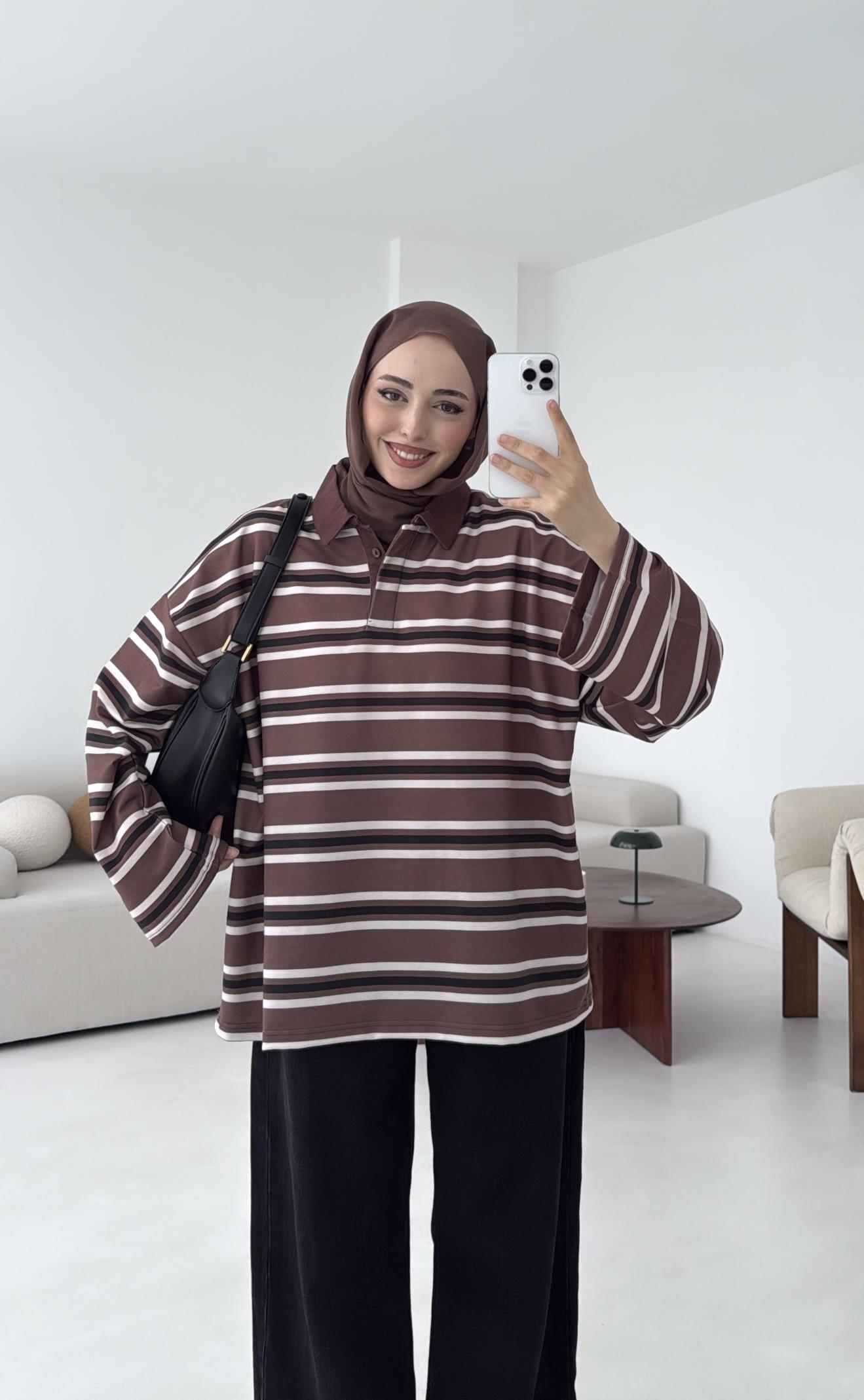 Kahve Çizgili Polo Yaka Sweatshrt
