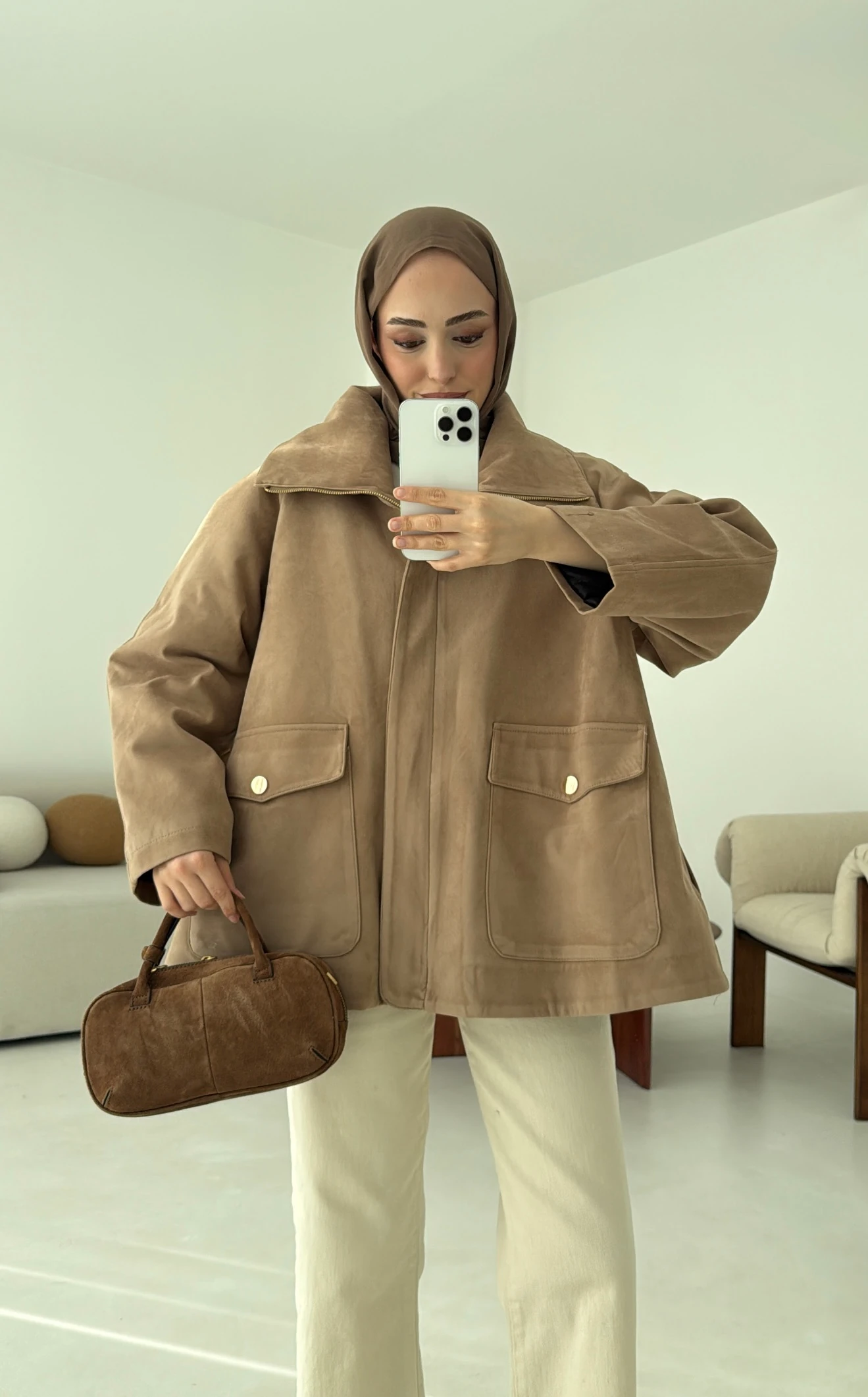 Oversize Dolgulu Süet Ceket Bej