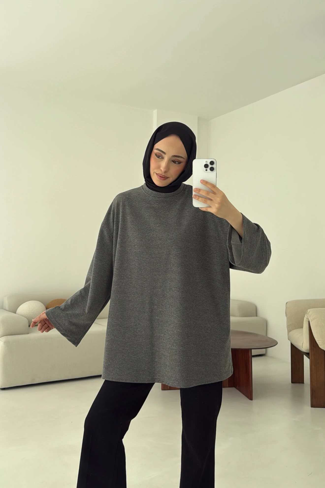 Basic İki İplik Sweat Koyu Gri