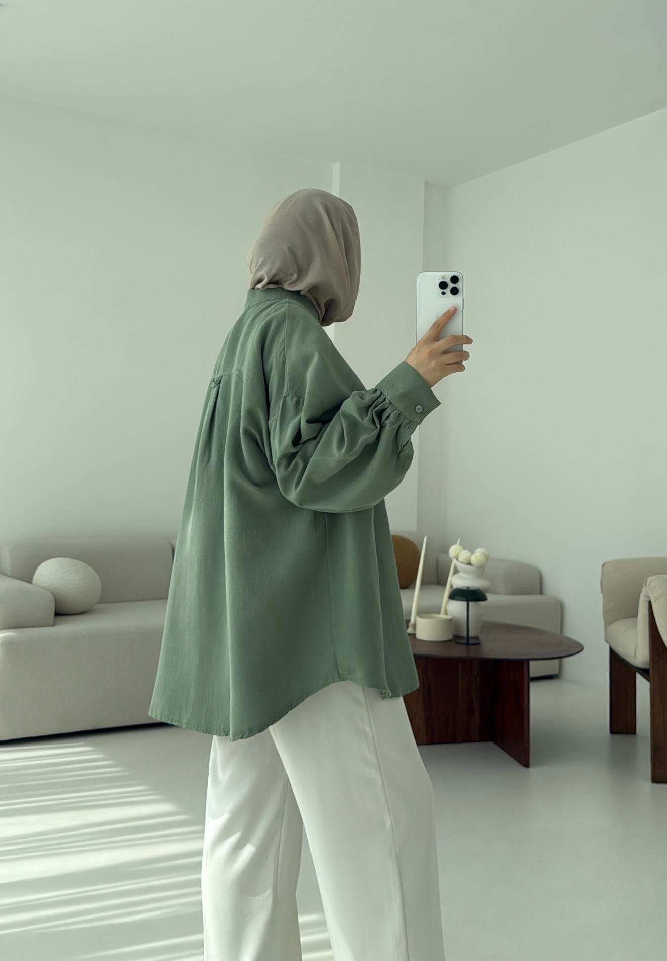 Pelerinli Keten Gömlek Yeşil