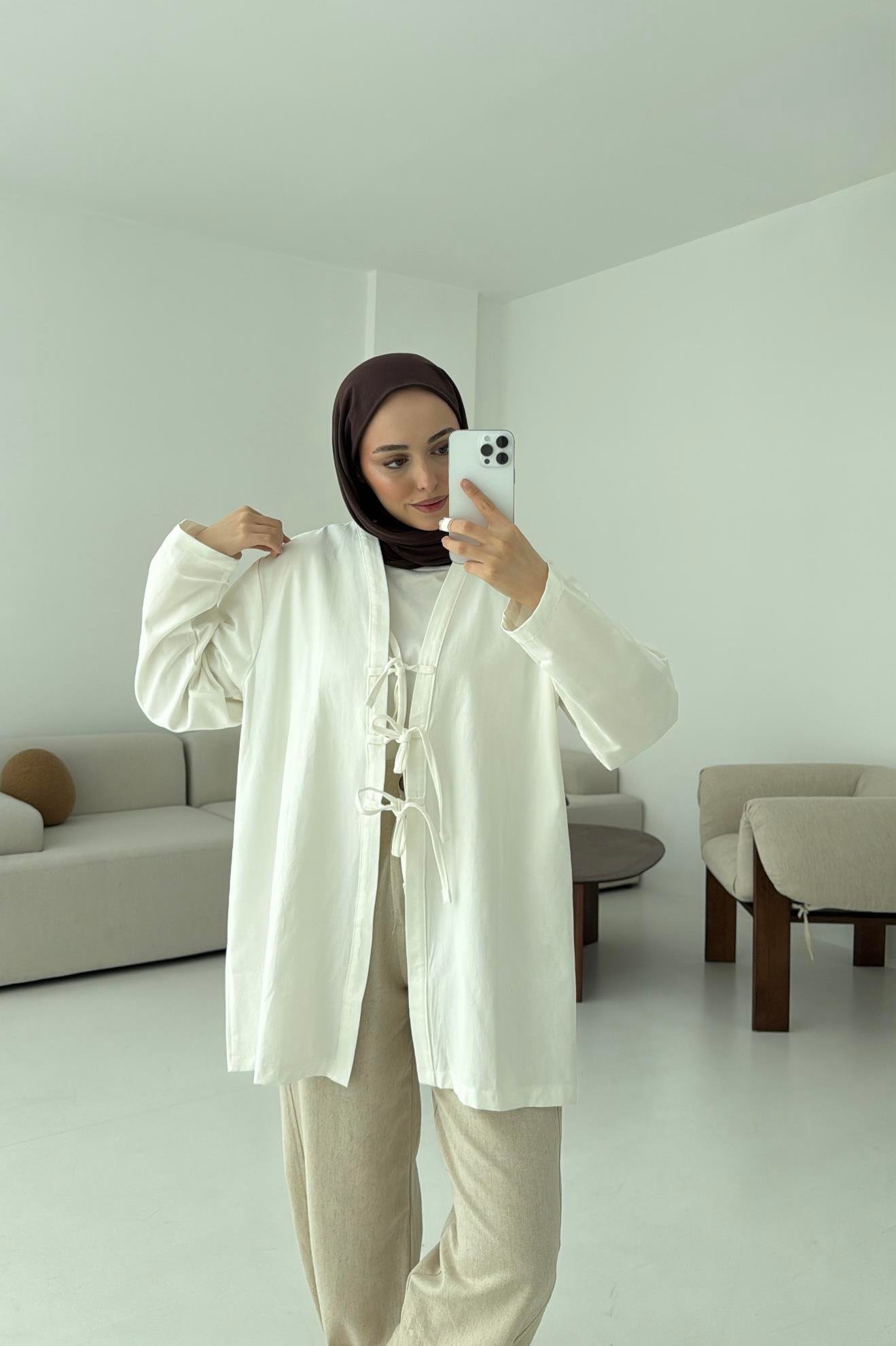 Üç Bağlamalı Kimono Beyaz