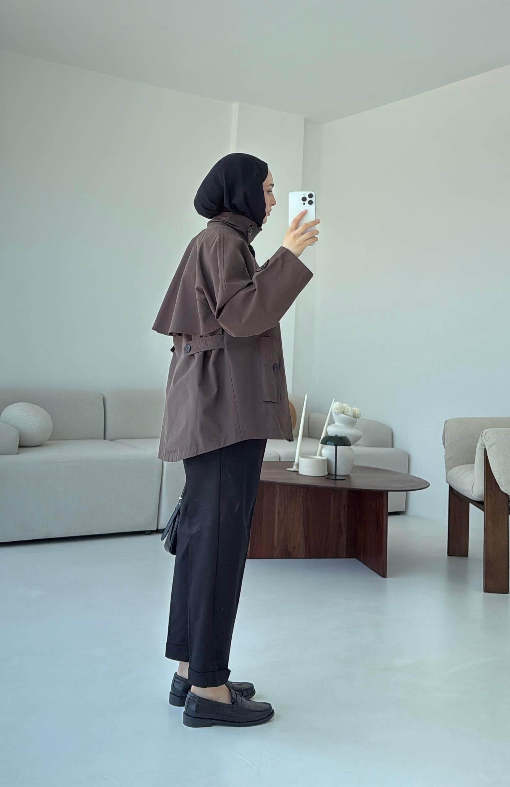Minimal Yakalı Trençkot Kahve