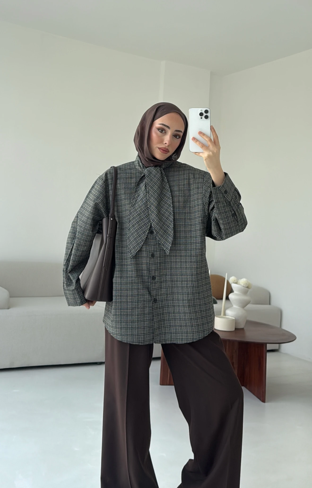 Fular Detay Ekose Gömlek Haki/Kahve