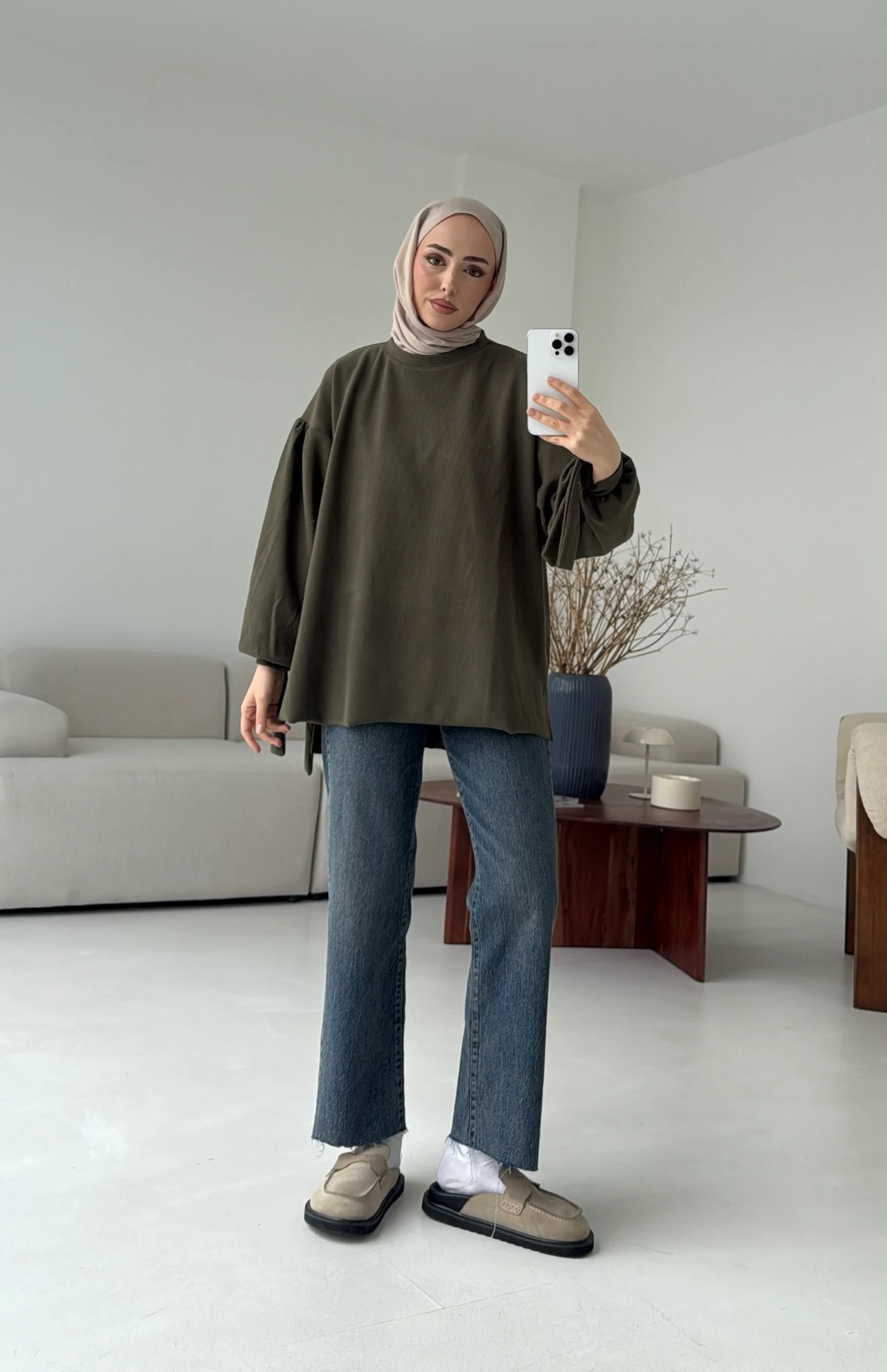 Selanik Balon Kol Bagcıklı Sweat Haki