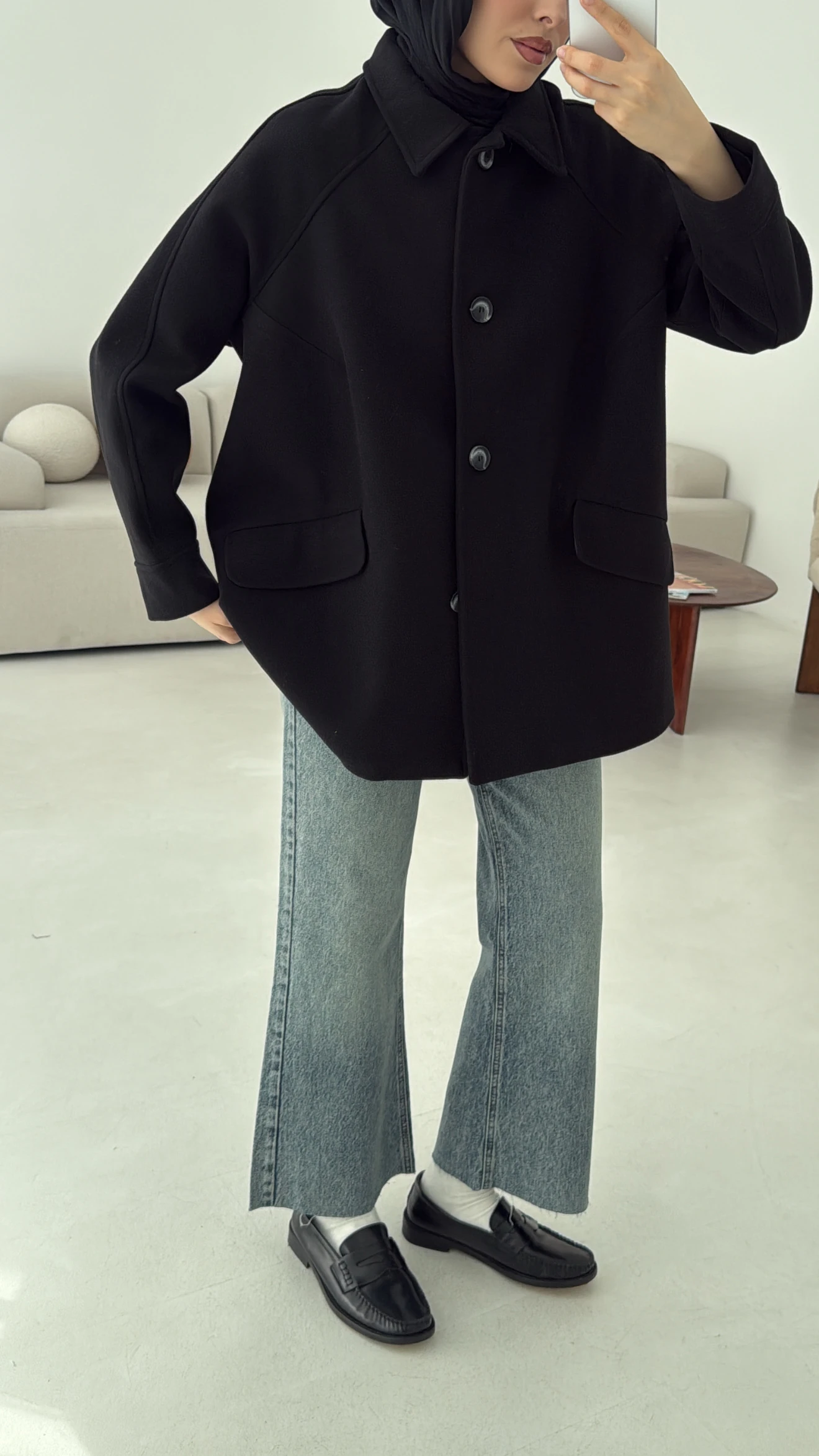Ön Düğmeli Kaban Siyah