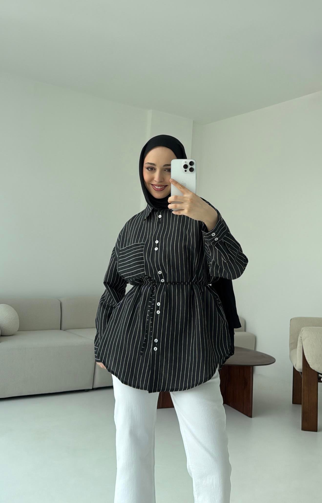 Siyah Çizgili Bağlamalı Gömlek
