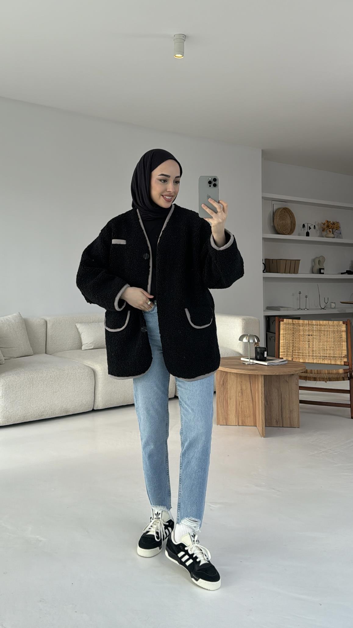 Düğmeli Oversize Teddy Ceket Siyah