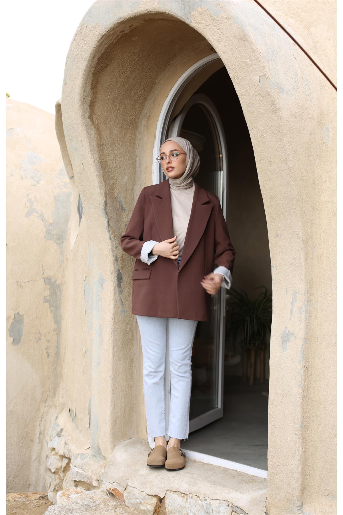 İç Astarı Çizgili Blazer Ceket Kahve