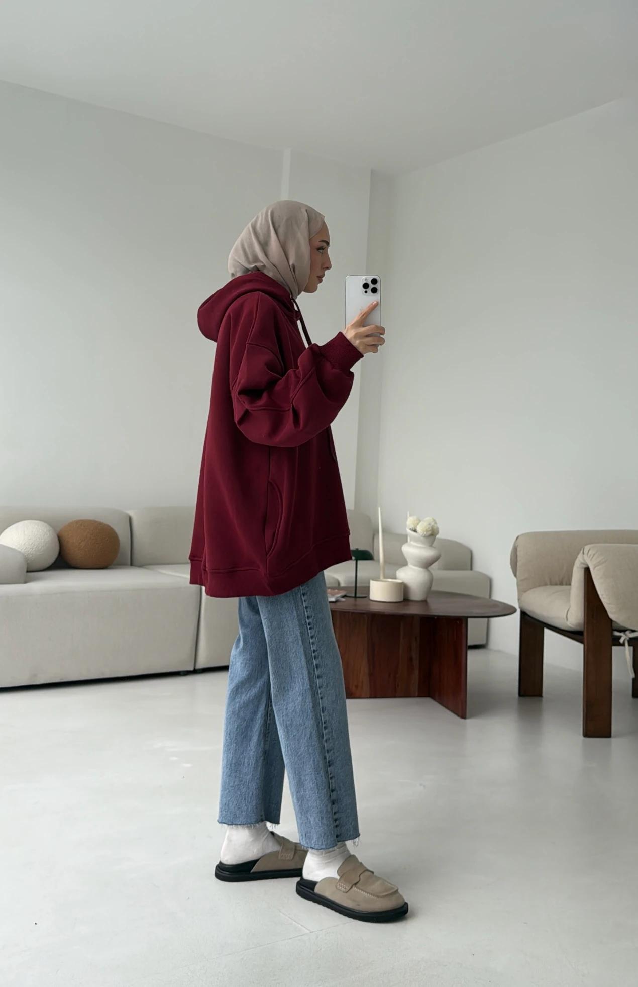 Kolu Pile Detay Oversize Sweatshirt Bordo