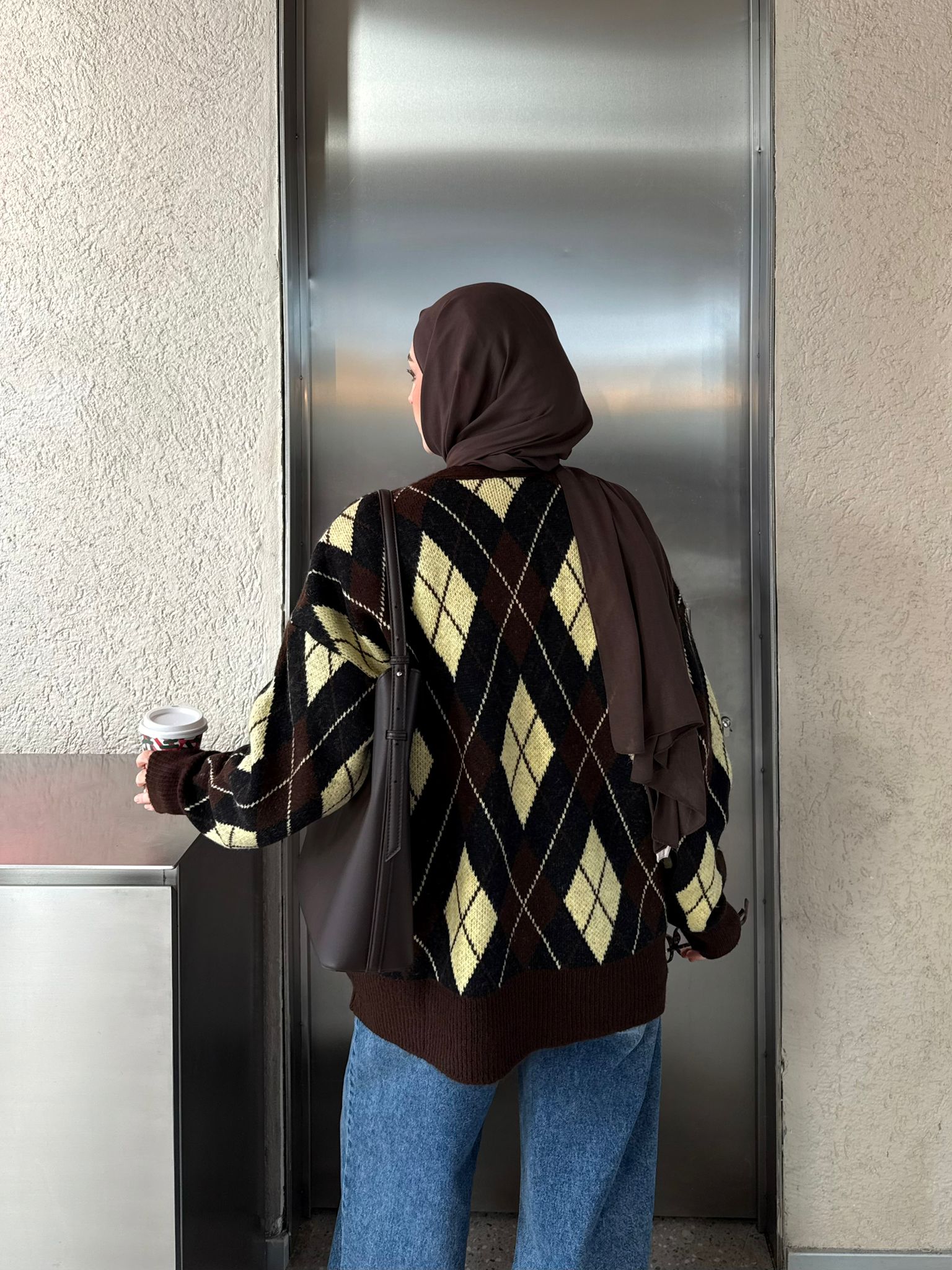 Baklava Jakarlı Hırka Kahve/Sarı