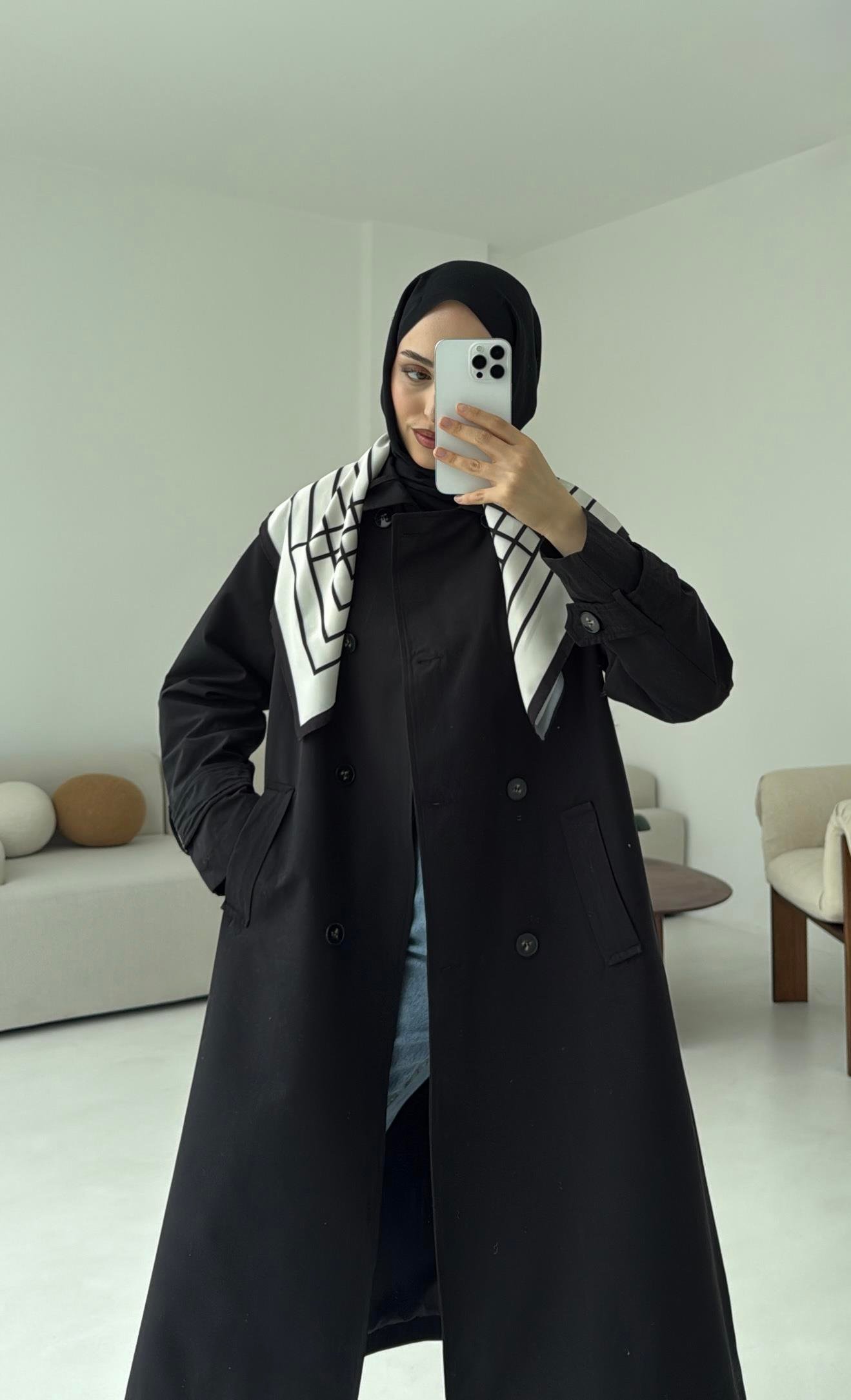 Şal Detay Trençkot Siyah
