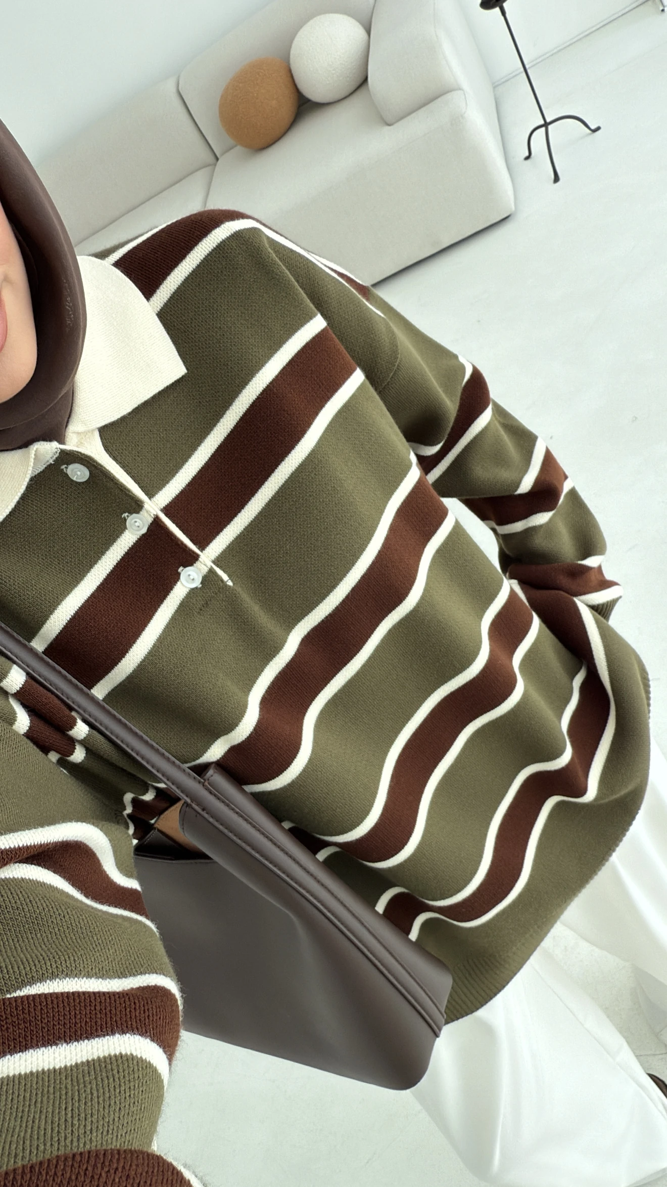 Haki Kahve Çizgili Triko Kazak