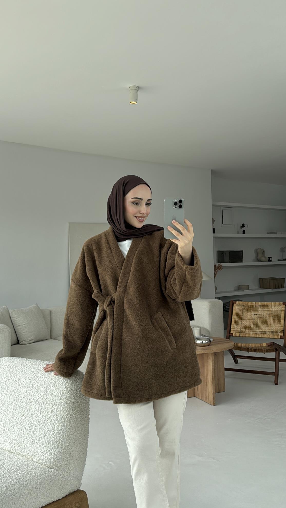 Yandan Bağlamalı Peluş Mont Kahve