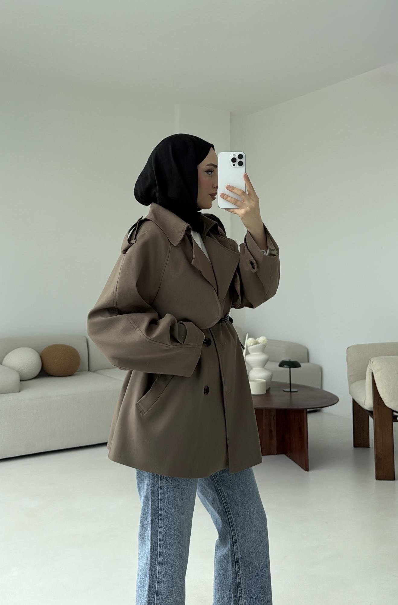 Deri Kemerli Trençkot Vizon