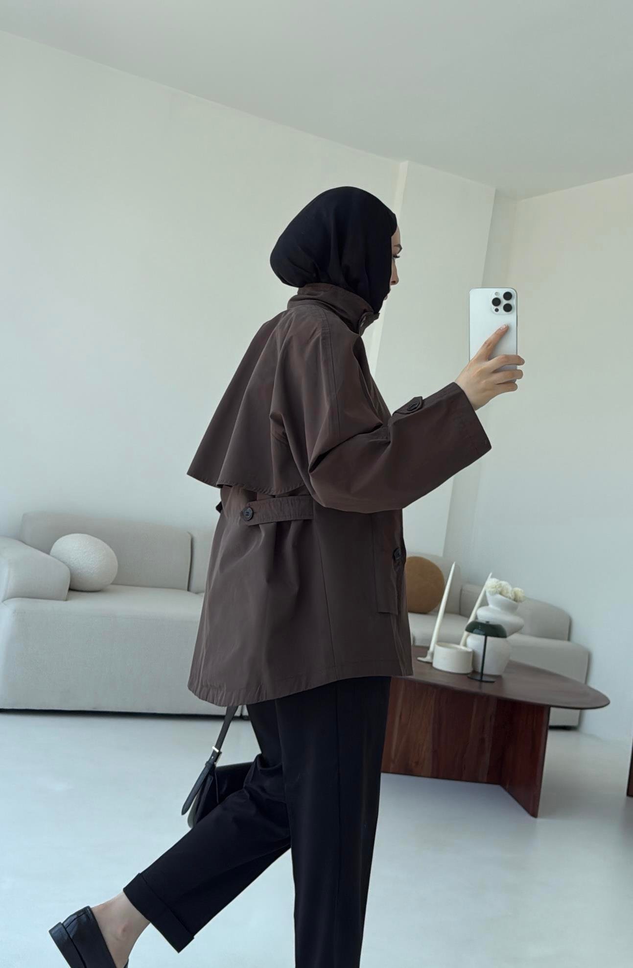 Minimal Yakalı Trençkot Kahve