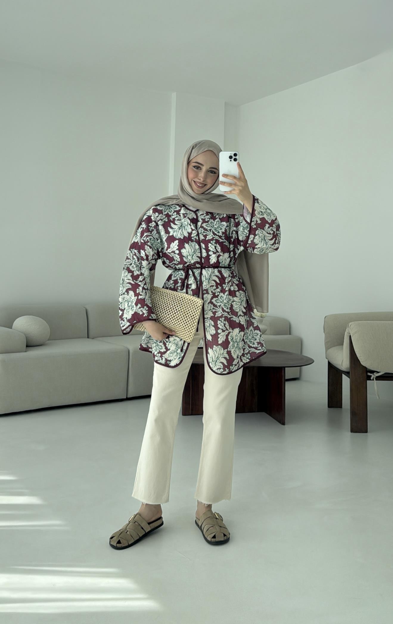 Dijital Baskılı Kimono Bordo