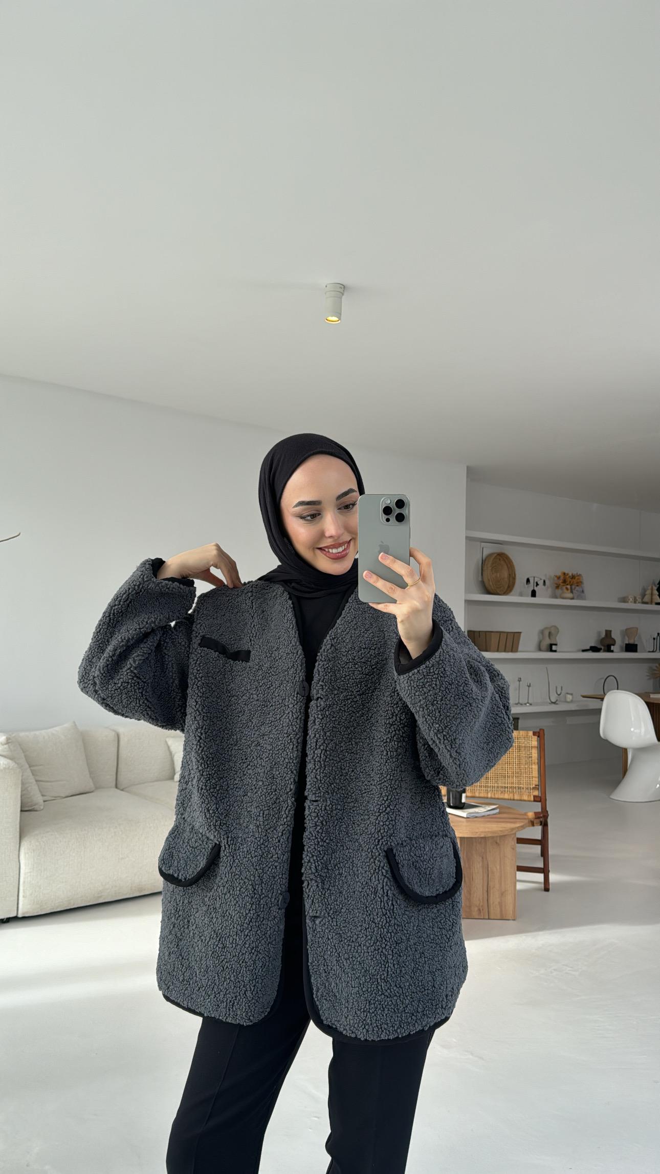 Düğmeli Oversize Teddy Ceket Antrasit