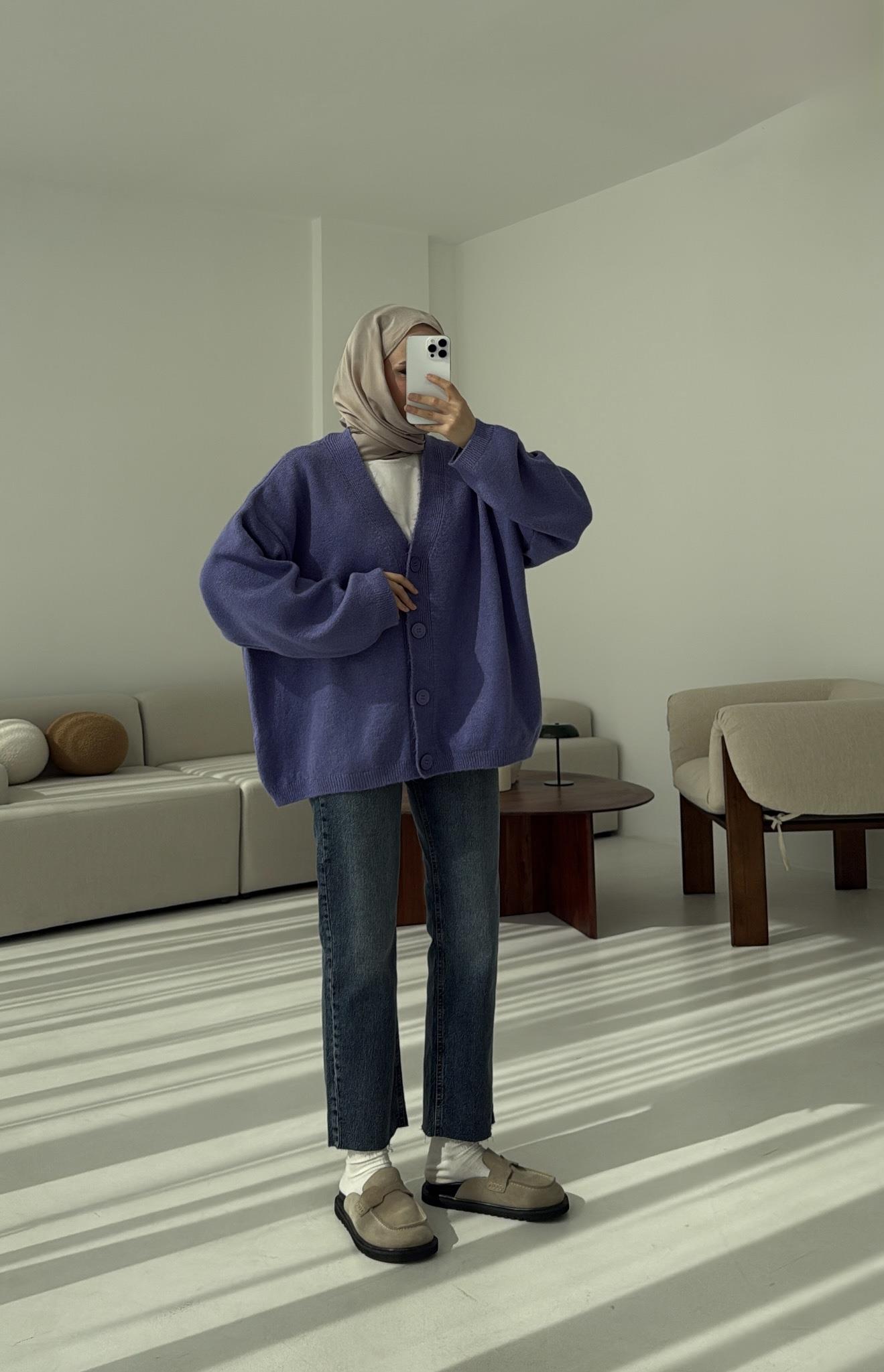 Oversize Yünlü Kazak Lila