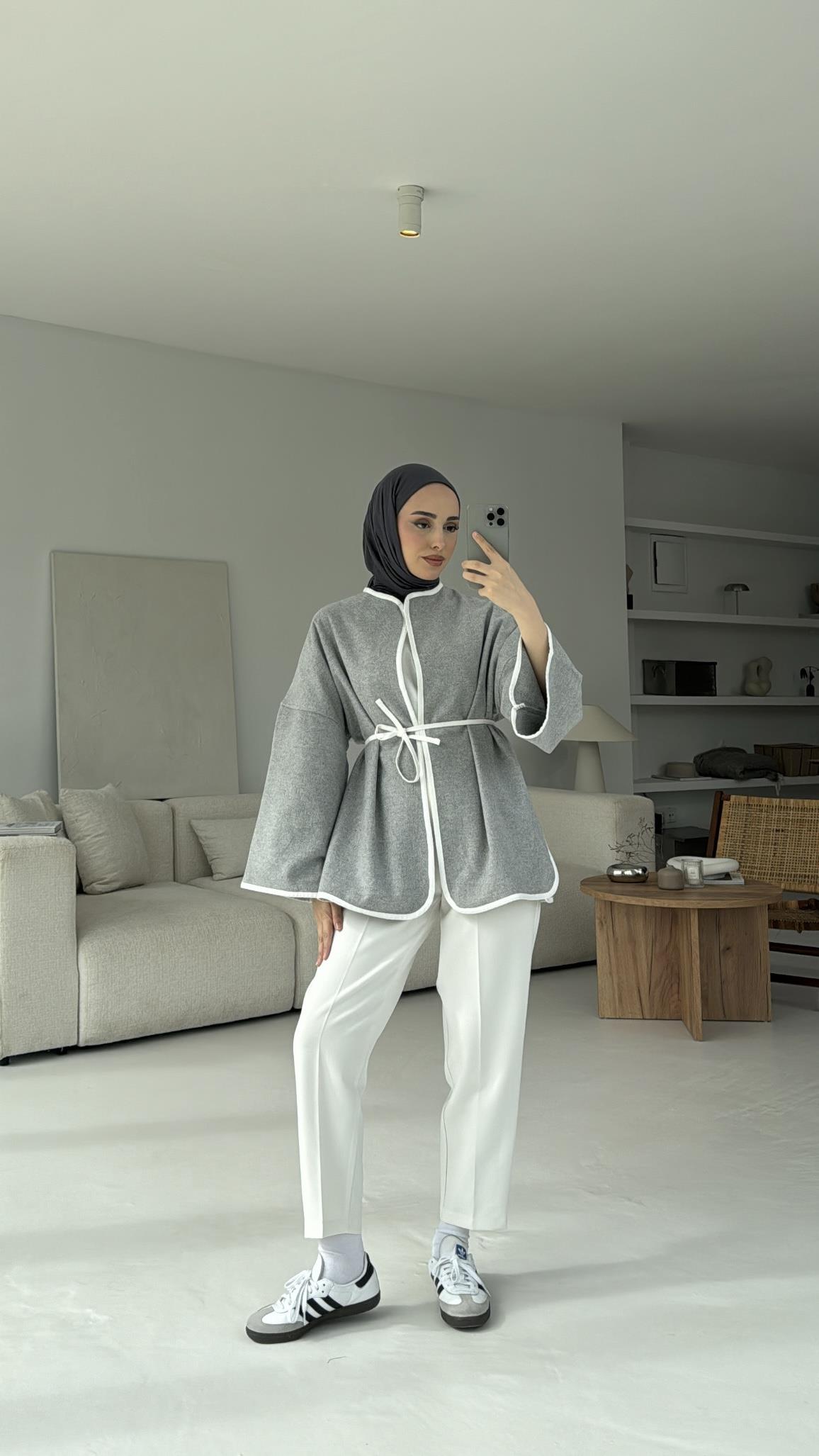 Mevsimlik Kaşe Bağlamalı Kimono Gri