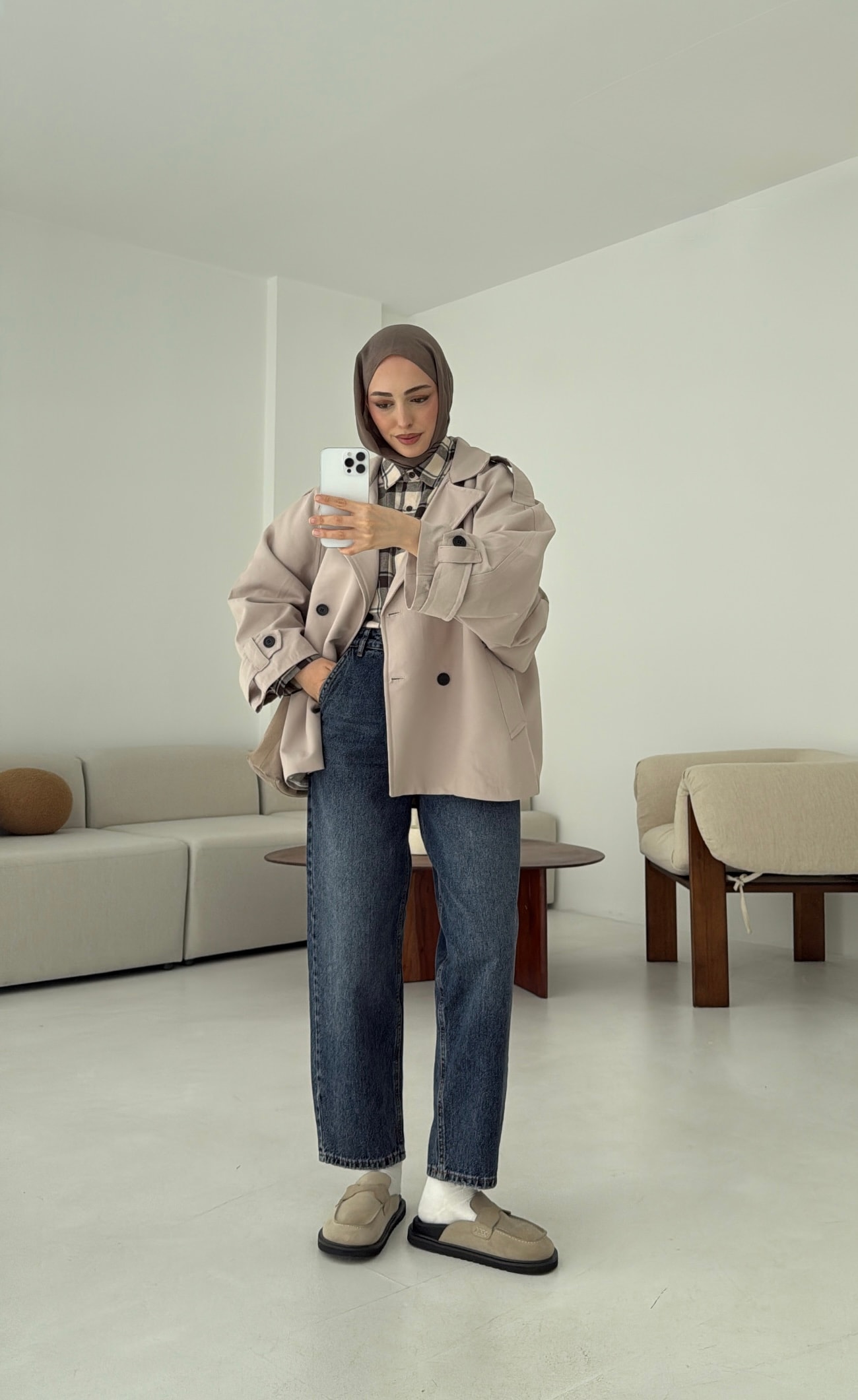 Geniş Kol Oversize Trençkot Taş