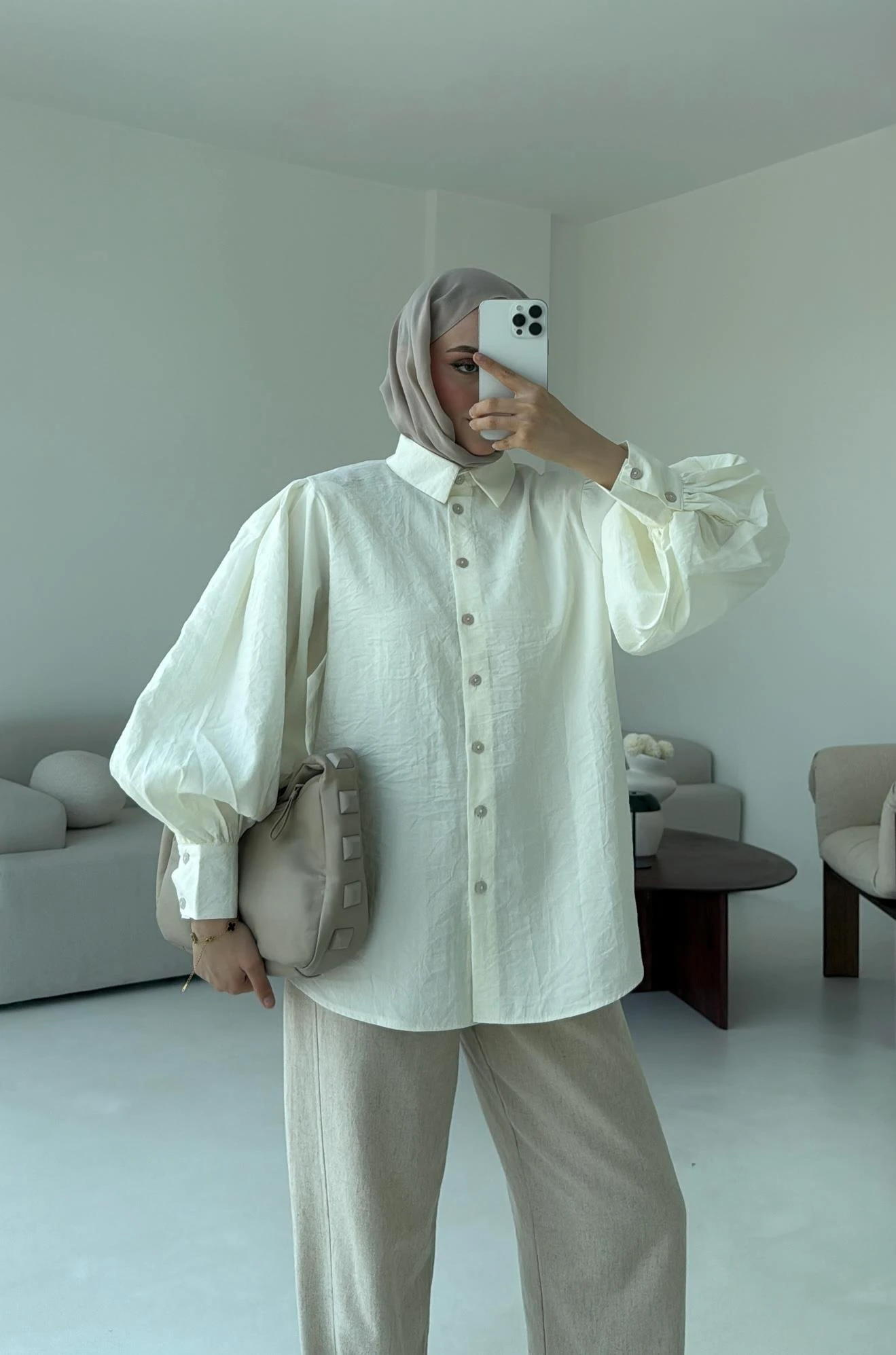 Cotton Balon Kol Gömlek Krem