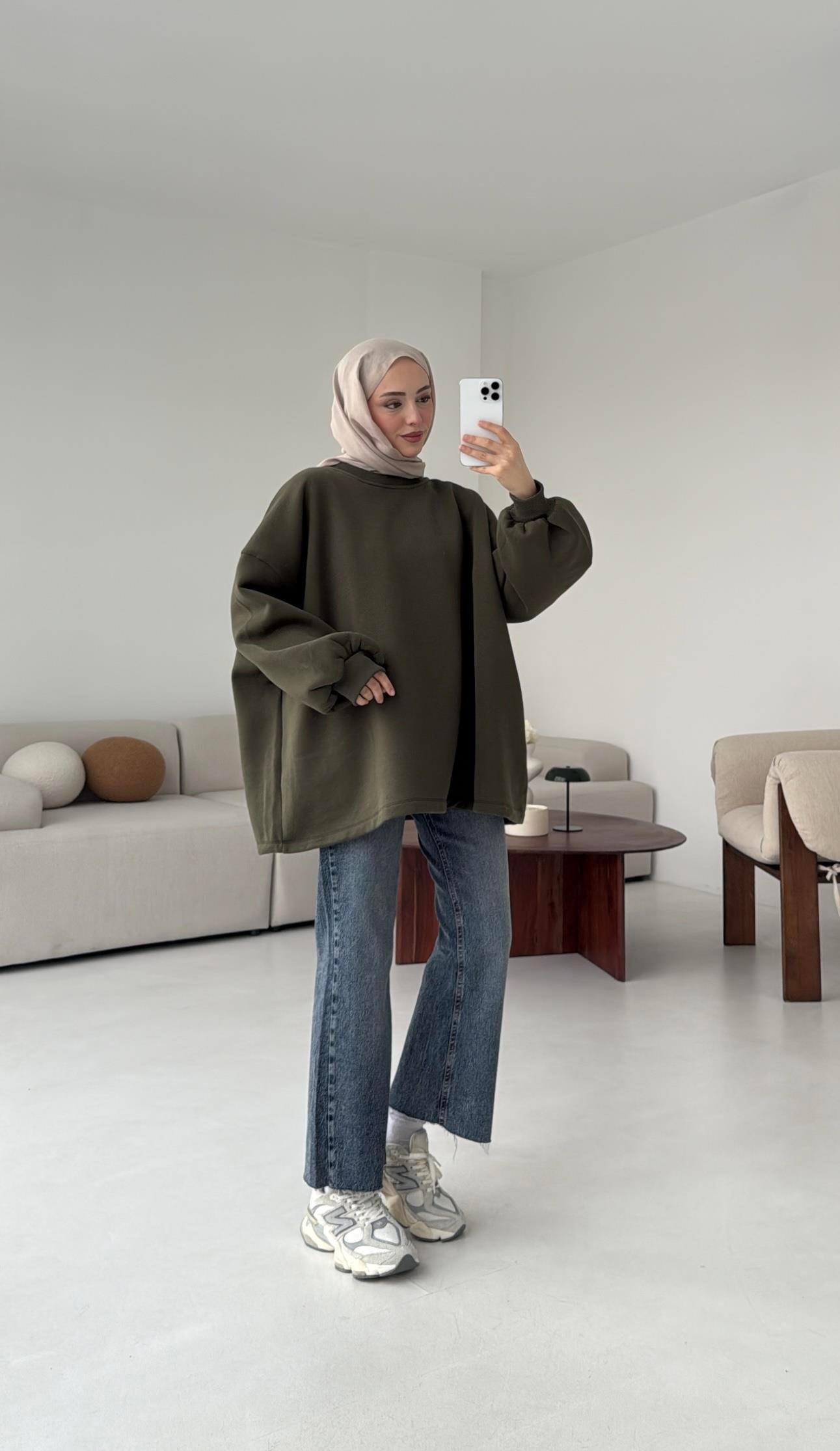 Oversize Şardonlu Sweatshirt Haki