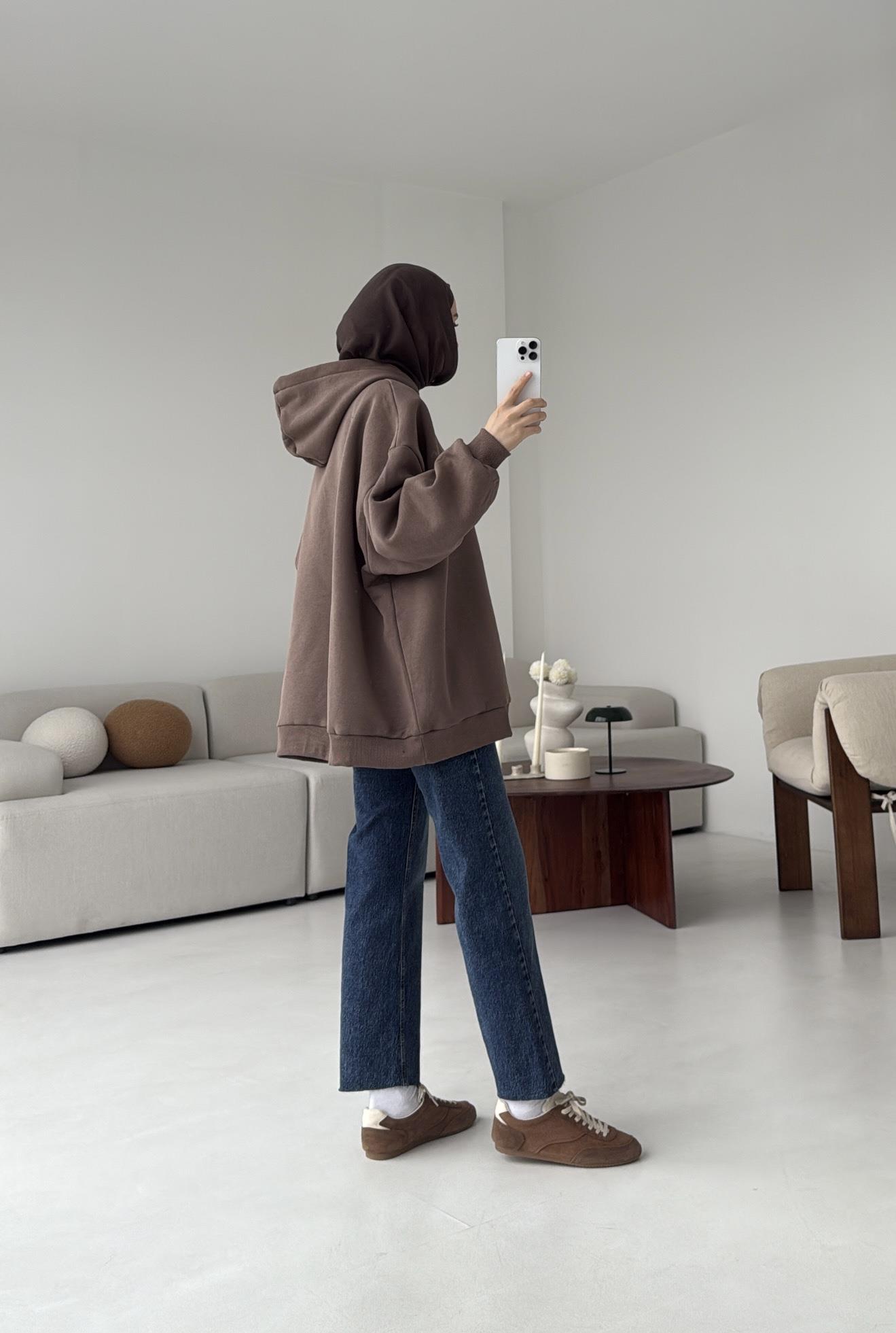 Kapüşonlu Oversize Şardonlu Sweatshirt Kahve