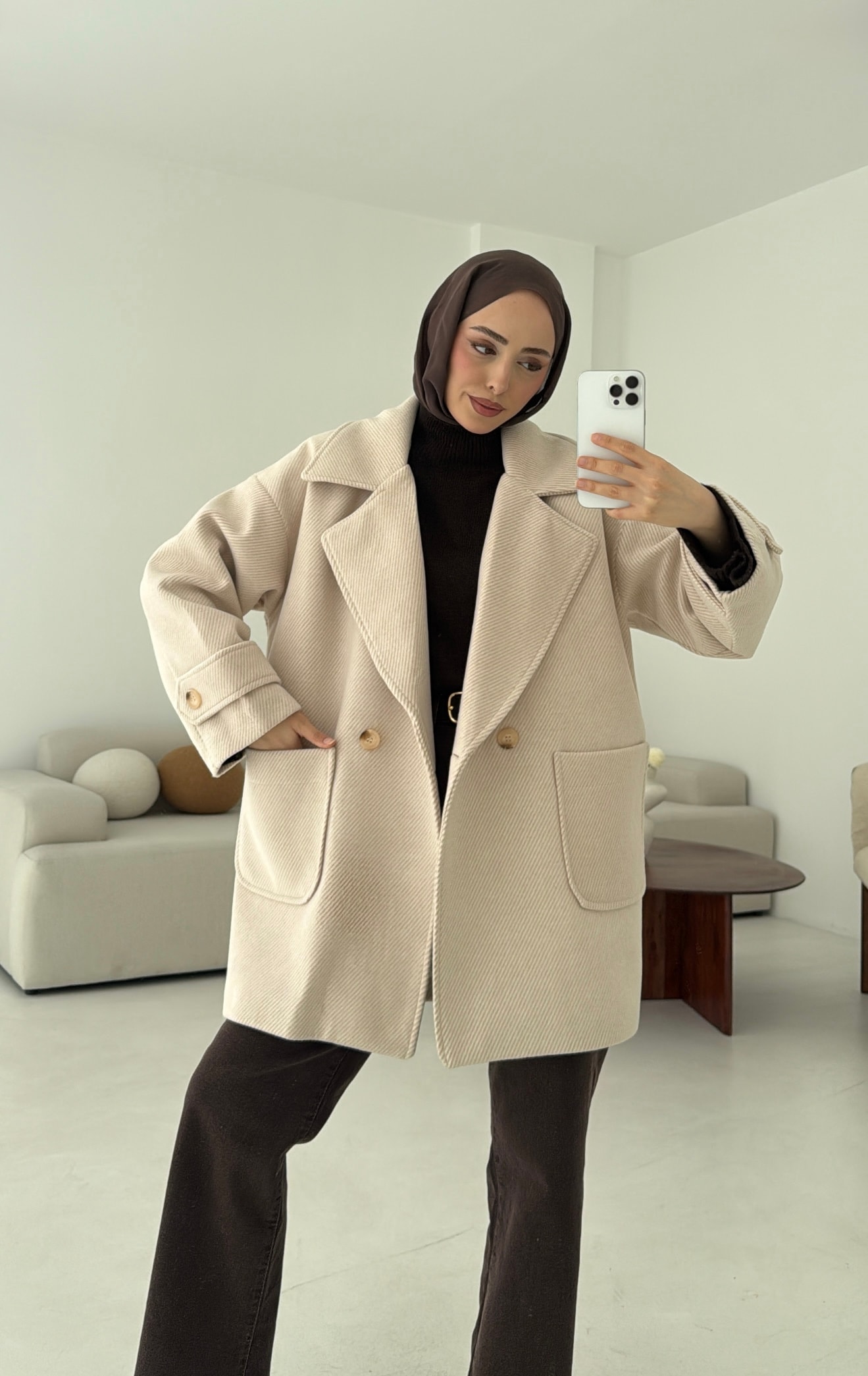 Bej Geçişli Kaşe Kaban