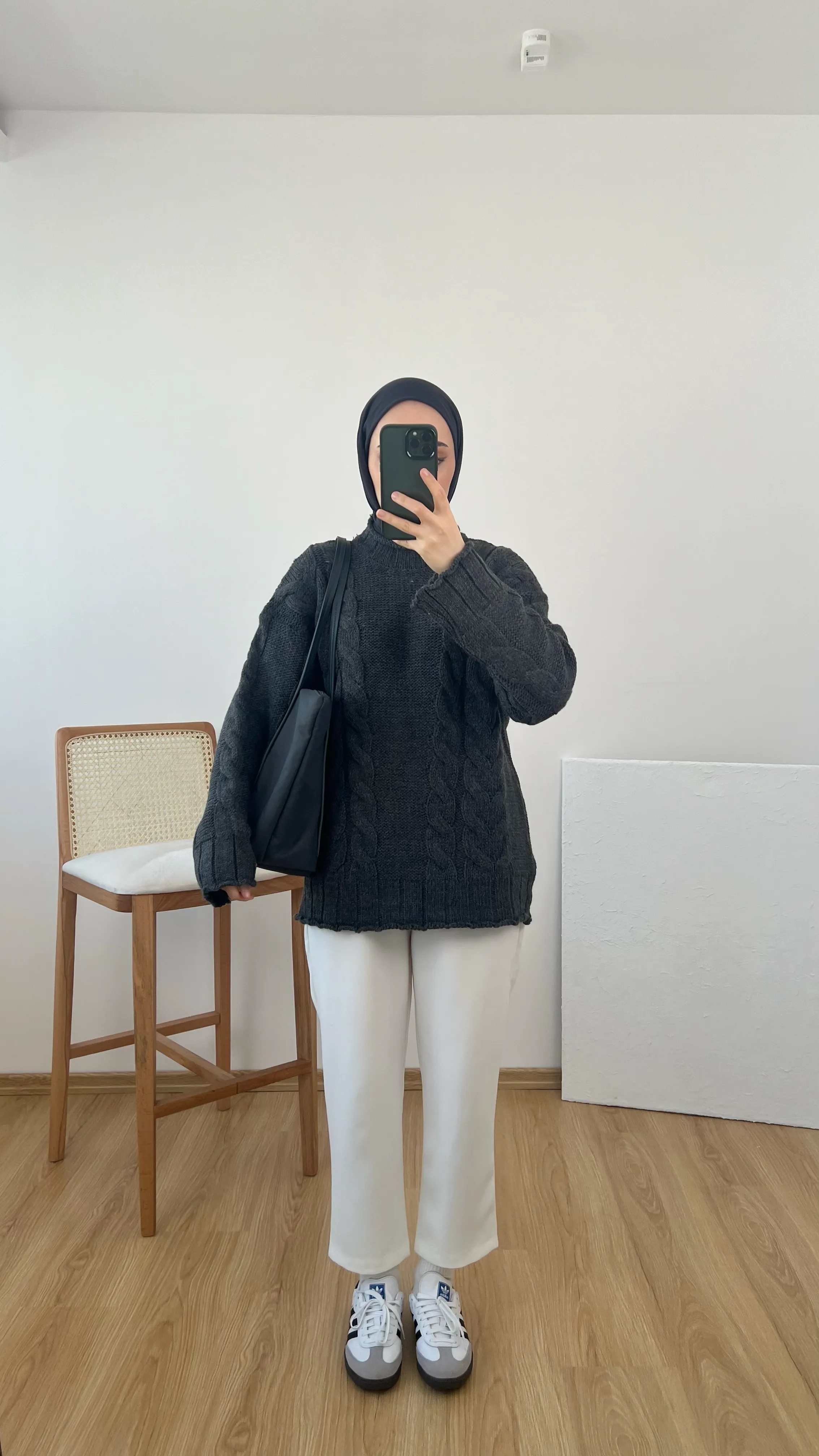 Örgü Detaylı Kalın Kazak Antrasit