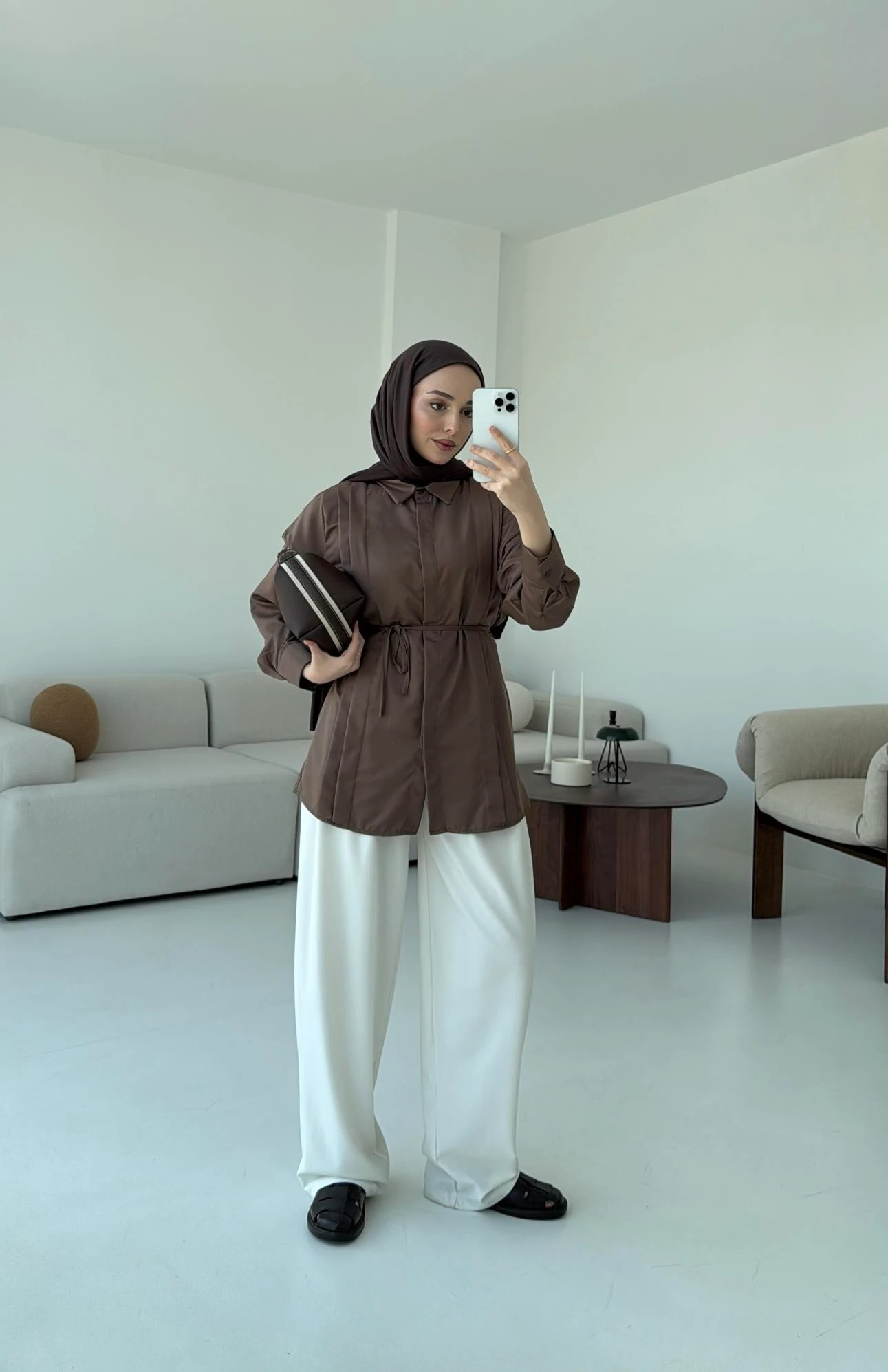 Çift Pileli Saten Bağlamalı Gömlek Kahve