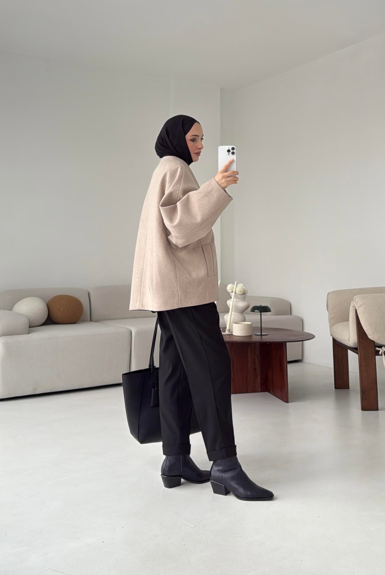 Soft Oversize Kaşe Kaban Bej