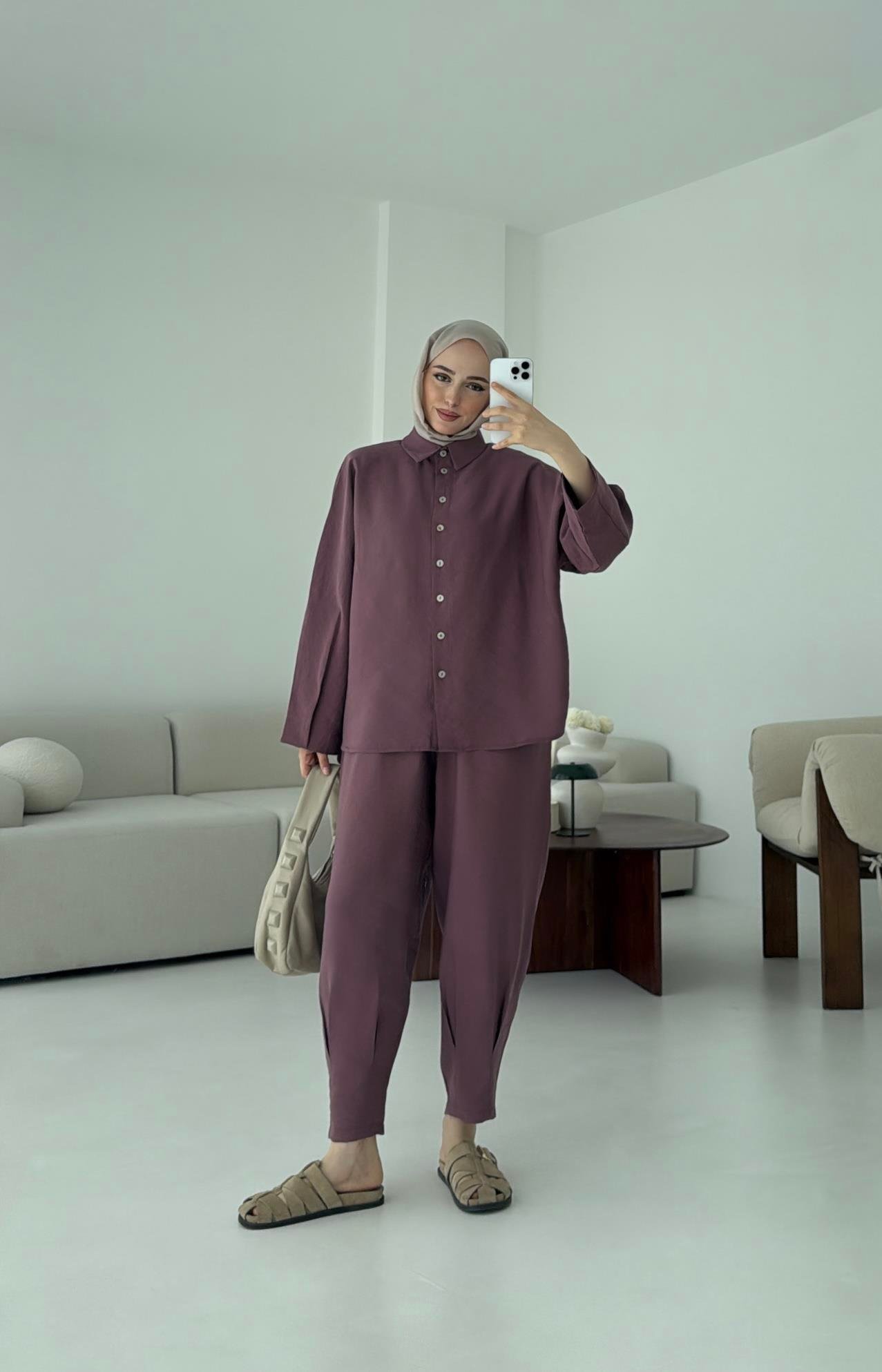 Pens Detay Tencel Takım Mürdüm