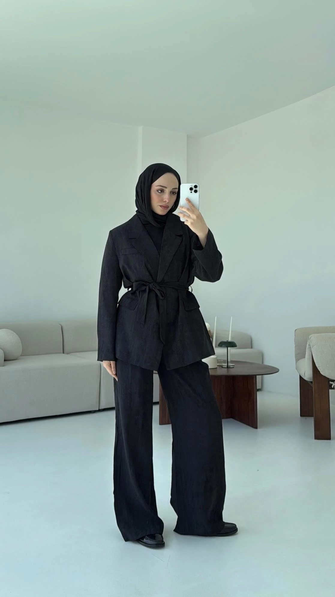 Kemerli Ceket Beli Lastikli Pantolon Takım Siyah