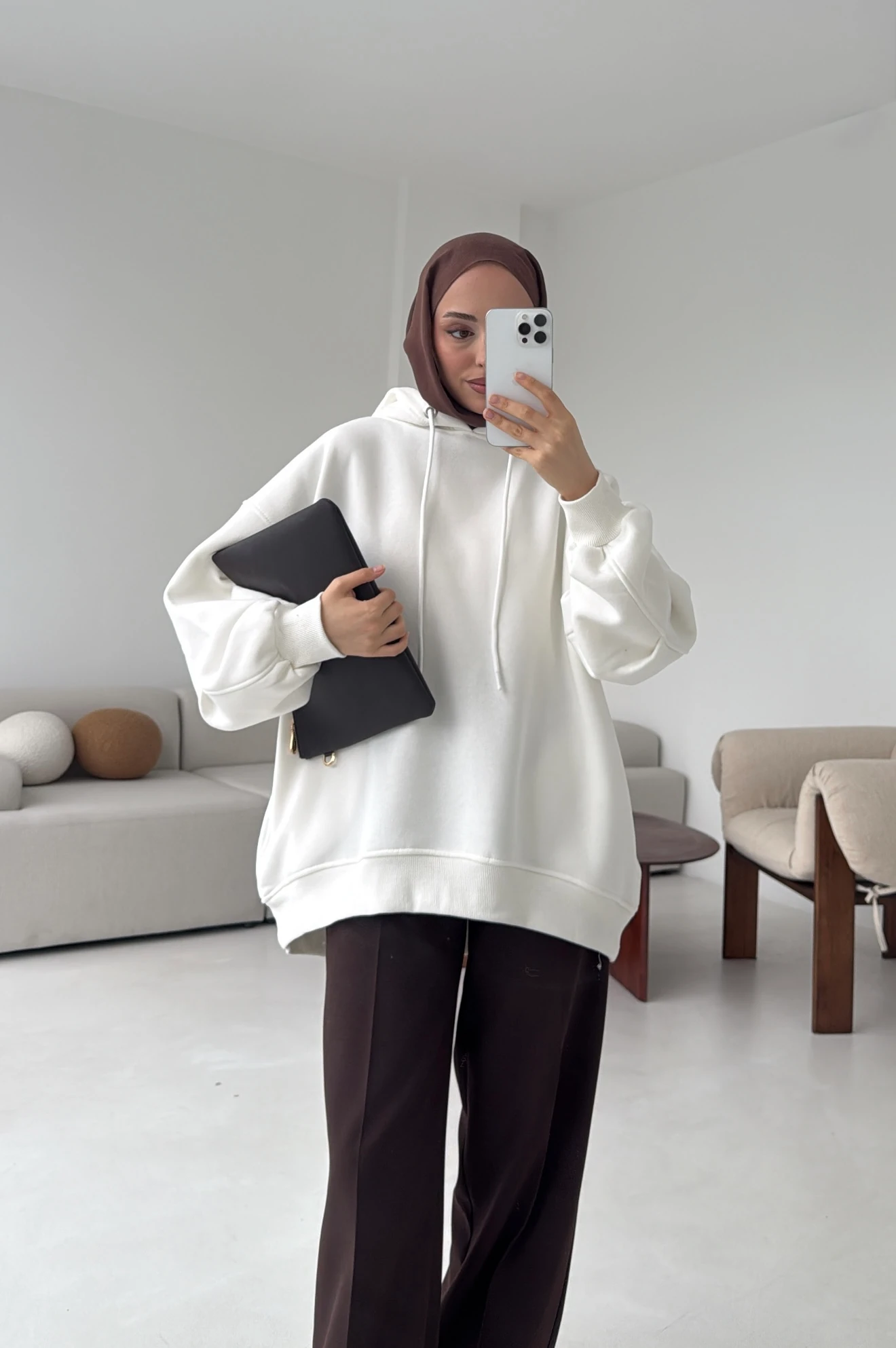 Kolu Pile Detay Oversize Sweatshirt Ekru