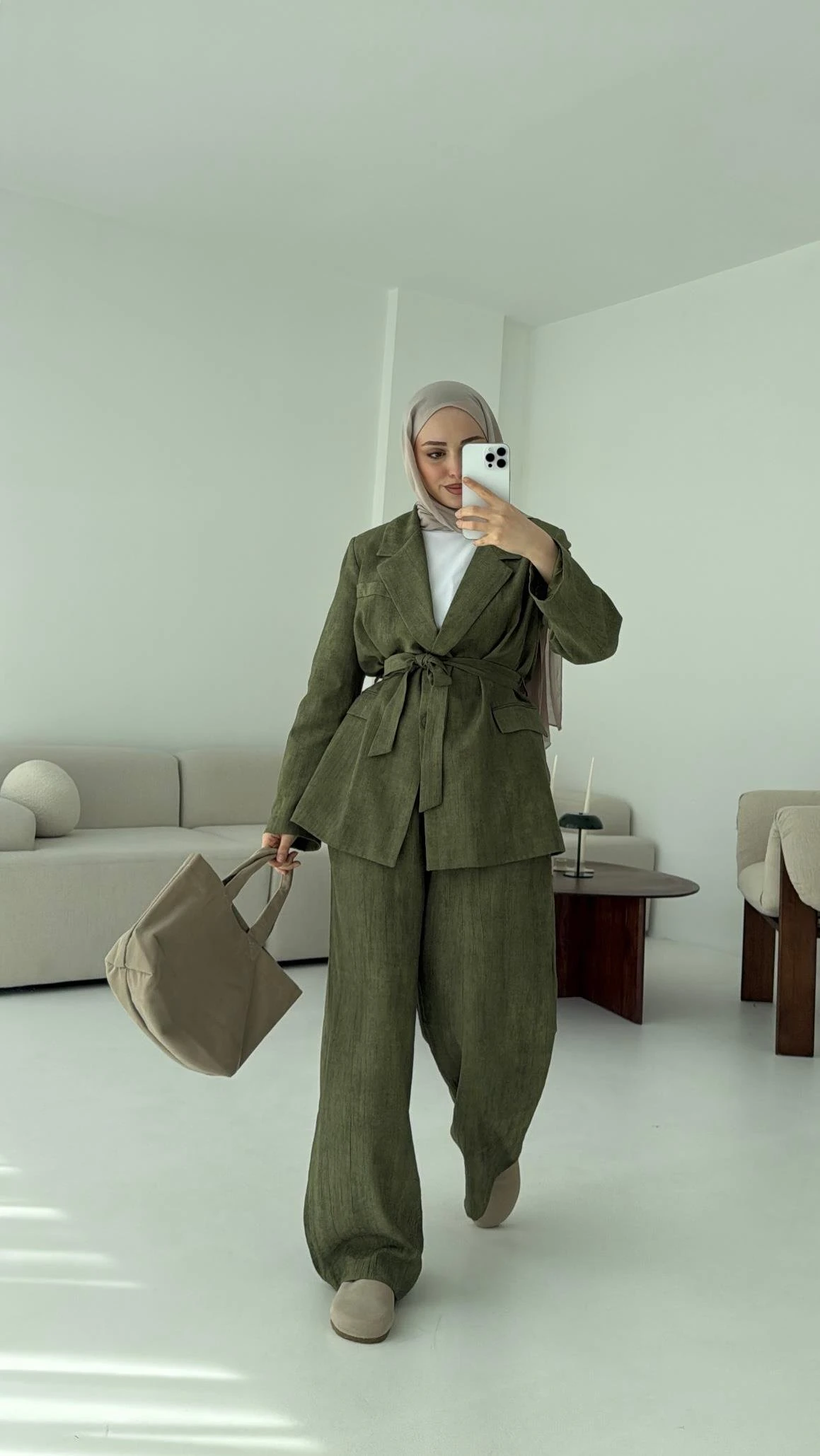 Kemerli Ceket Beli Lastikli Pantolon Takım Haki