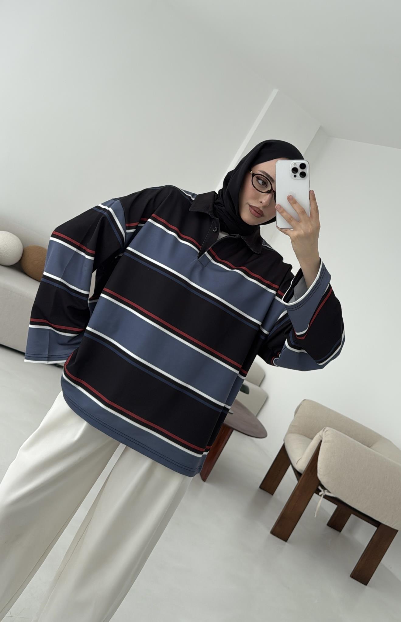 Lacivert Çizgili Polo Yaka Sweatshrt
